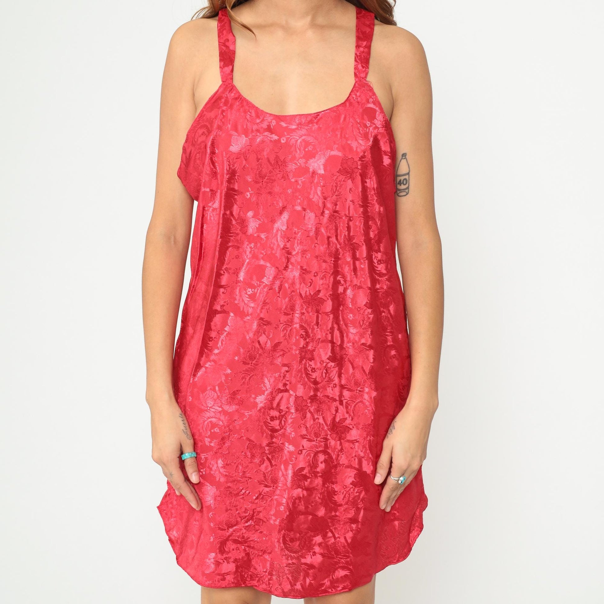 90s Red Slip Dress Embossed Floral Racerback Mini Plus Size XXL