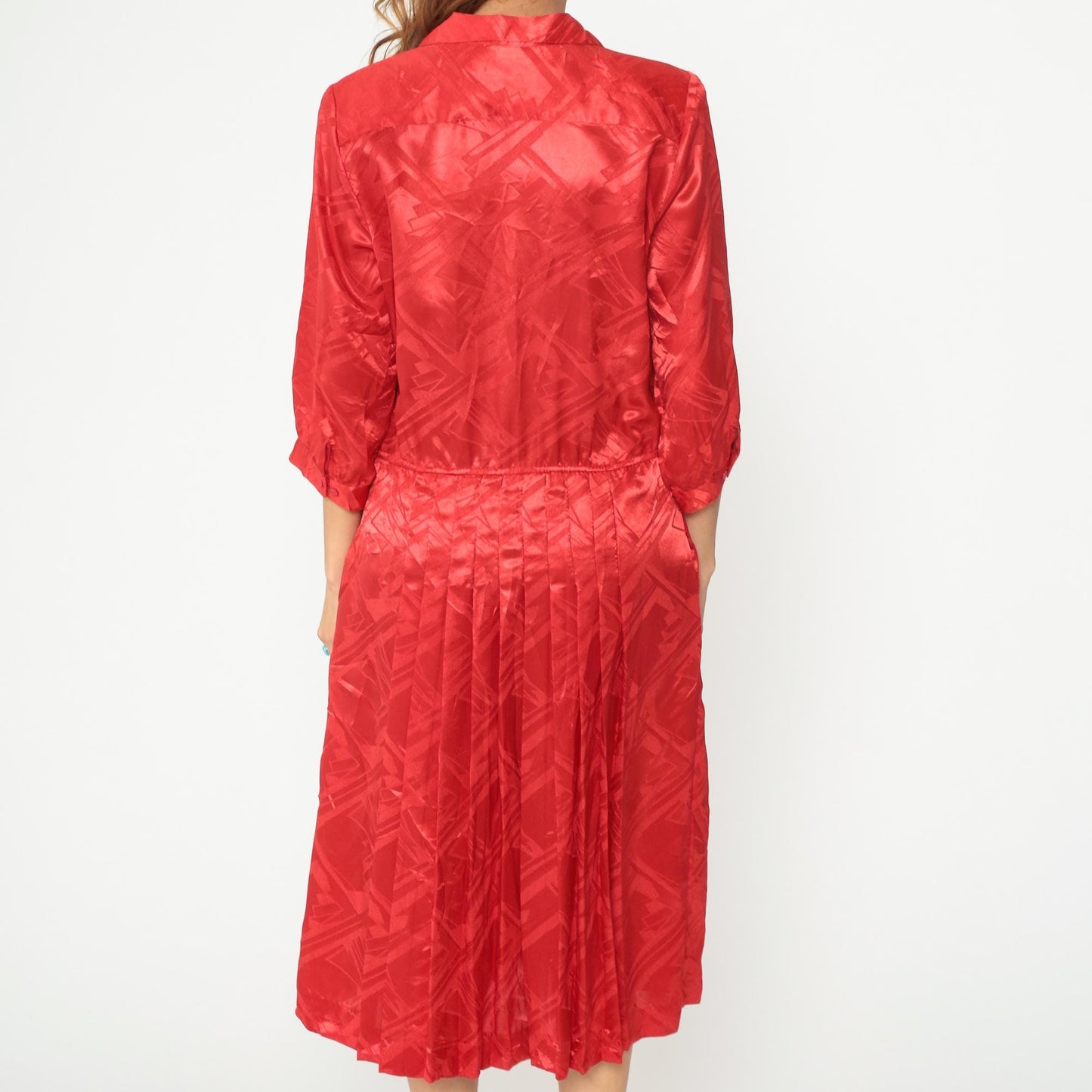 80s Red Midi Dress Button Front Pleated Jacquard Geometric Collar Medium