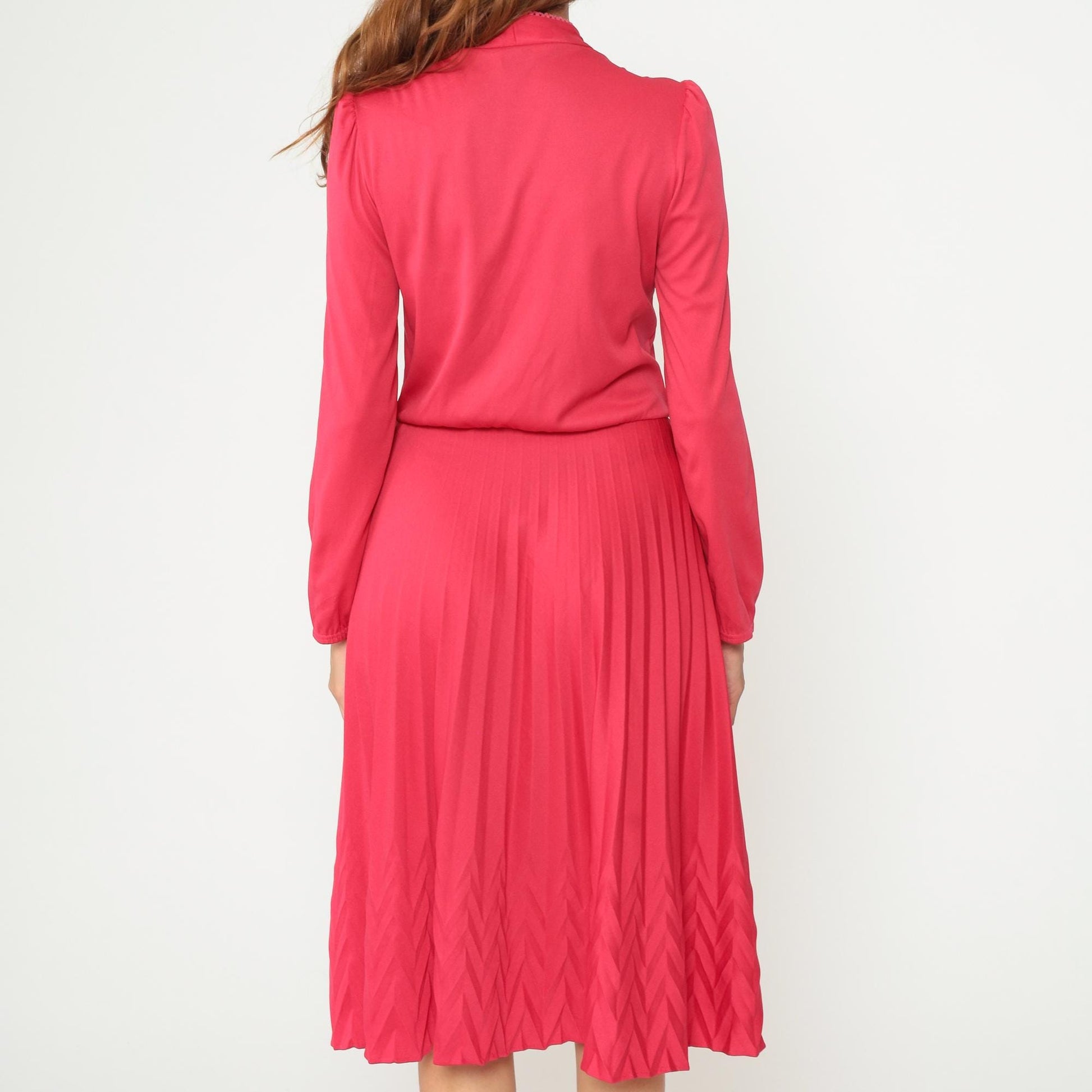 80s Tomato Red Midi Dress V-Neck Pleated Skirt Long Sleeve Medium