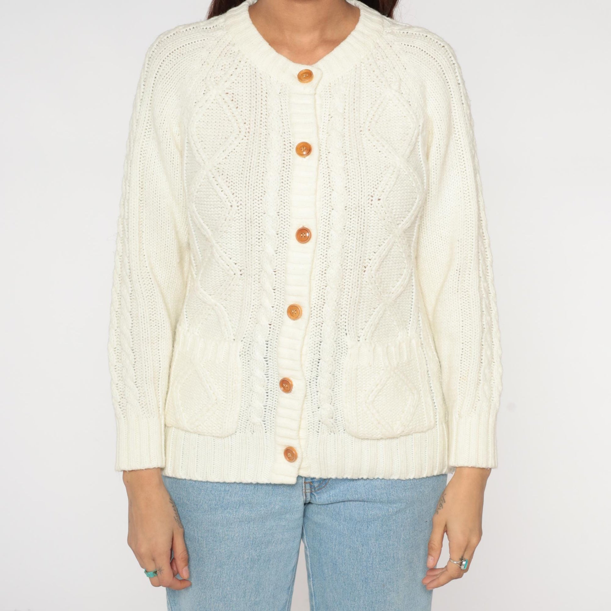 70s Knitivo Cable Knit Cardigan Cream Wood Buttons Pockets Medium M