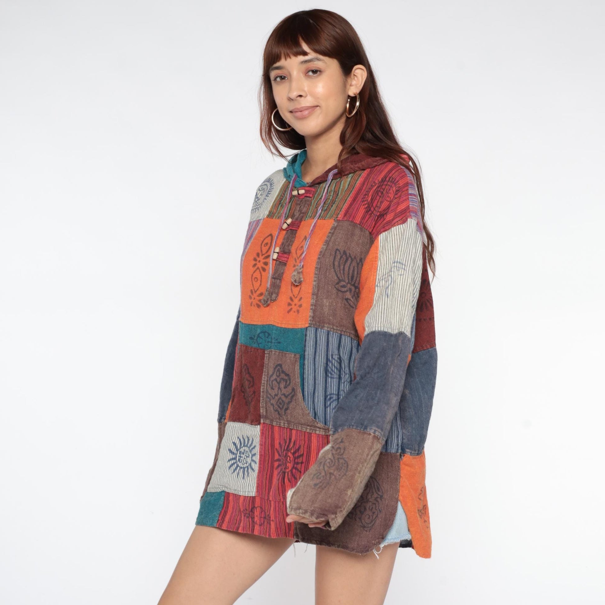 Y2K Patchwork Hoodie Block Print Cotton Button Front Medium Large