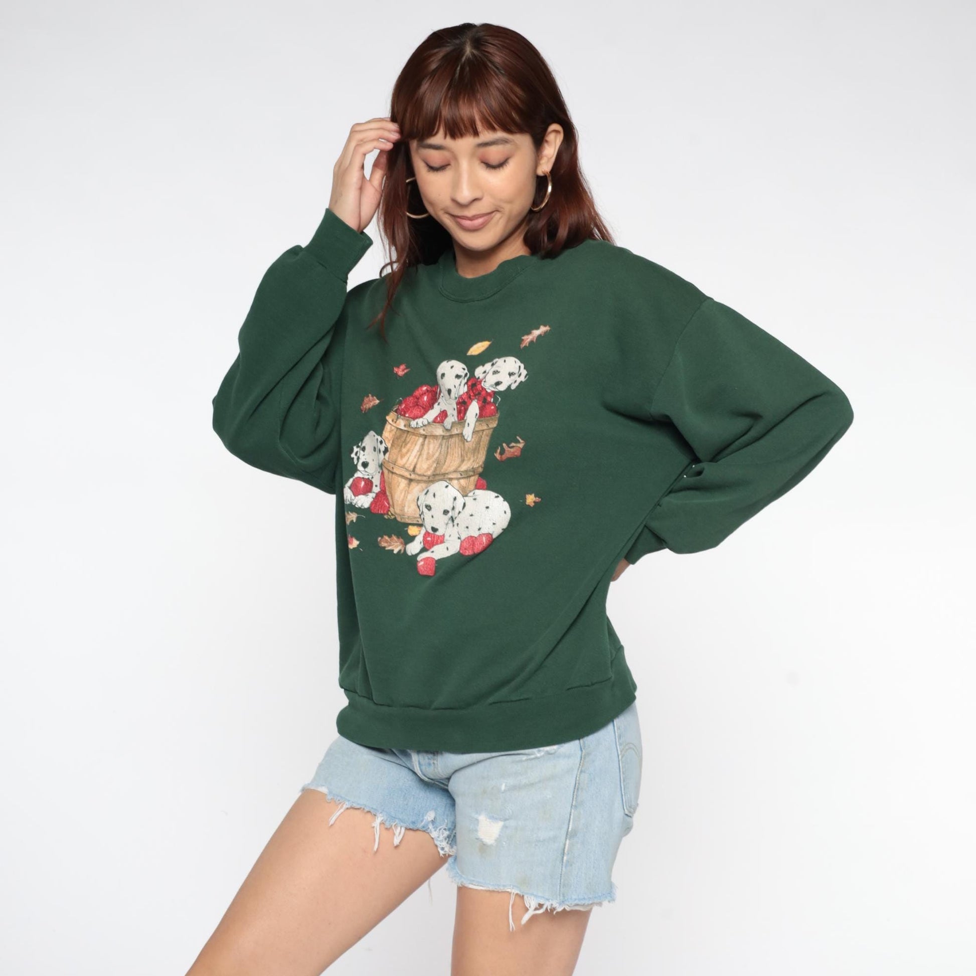 90s Dalmatian Puppy Apple Basket Sweatshirt Forest Green Graphic Large L