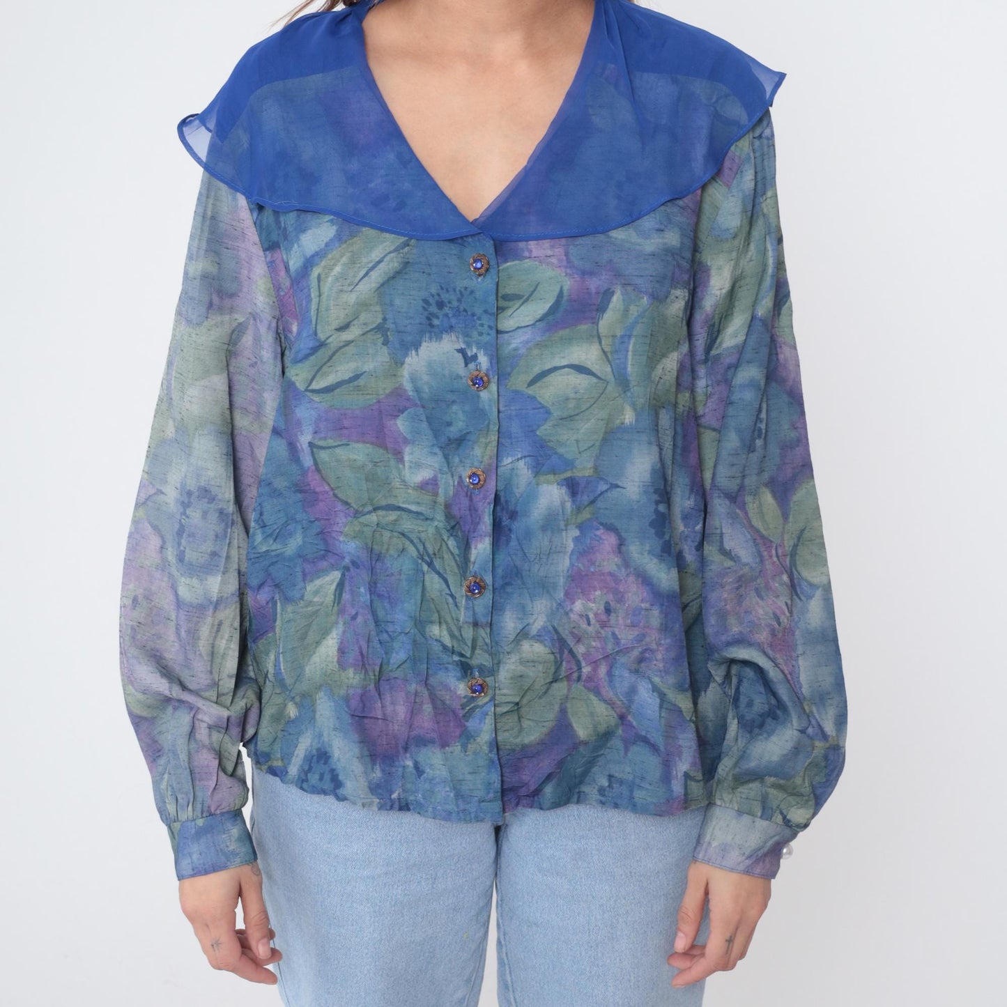 90s Marie St Money Watercolor Floral Button-Down Blouse Blue Purple Large L