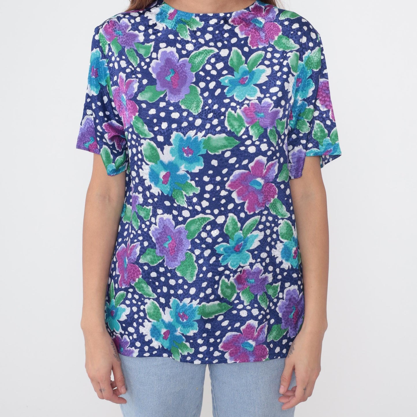 90s Sybil California Floral Polka Dot Blouse Navy Short Sleeve Medium