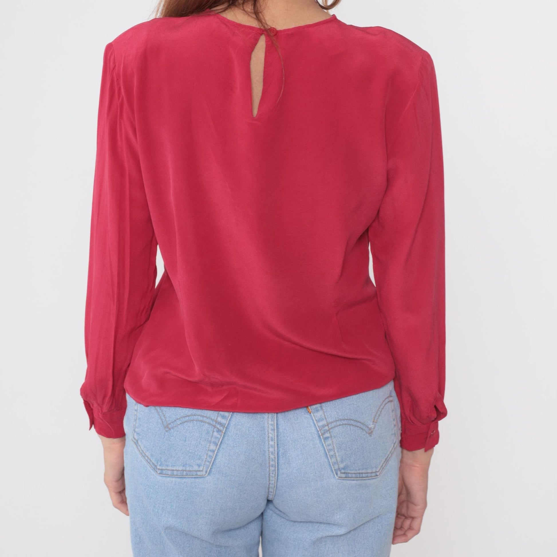 90s Clio Red Silk Blouse Keyhole Back Button Cuff Medium M