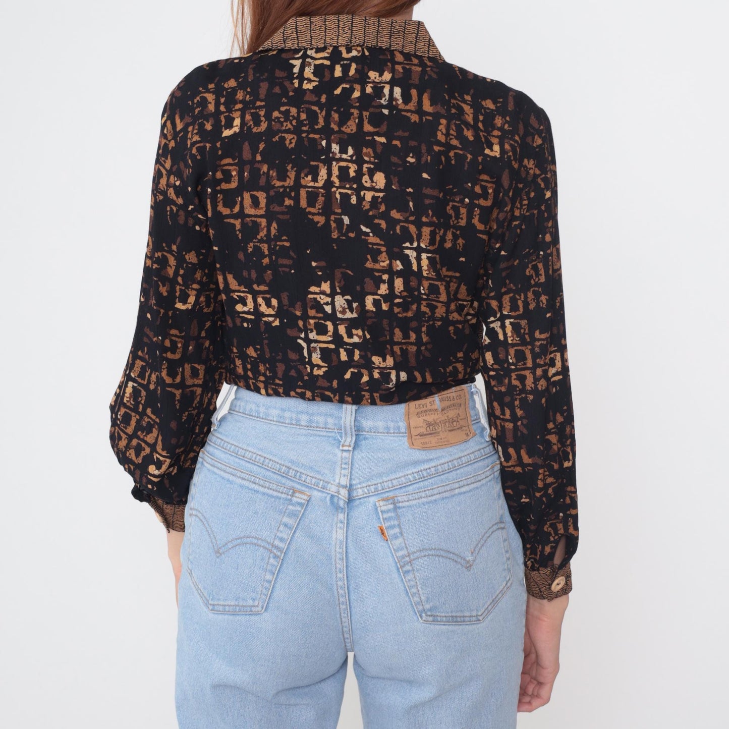 90s Carole Little Abstract Geometric Tie Front Crop Top Brown Small