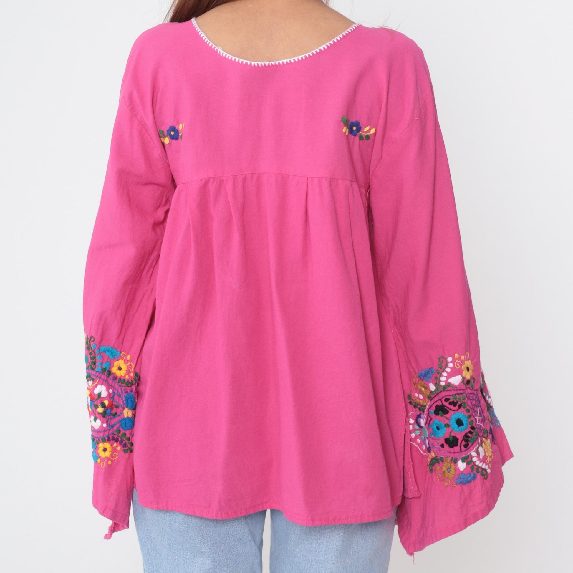 90s Embroidered Bell Sleeve Blouse Fuchsia Floral Cotton Tunic Medium M