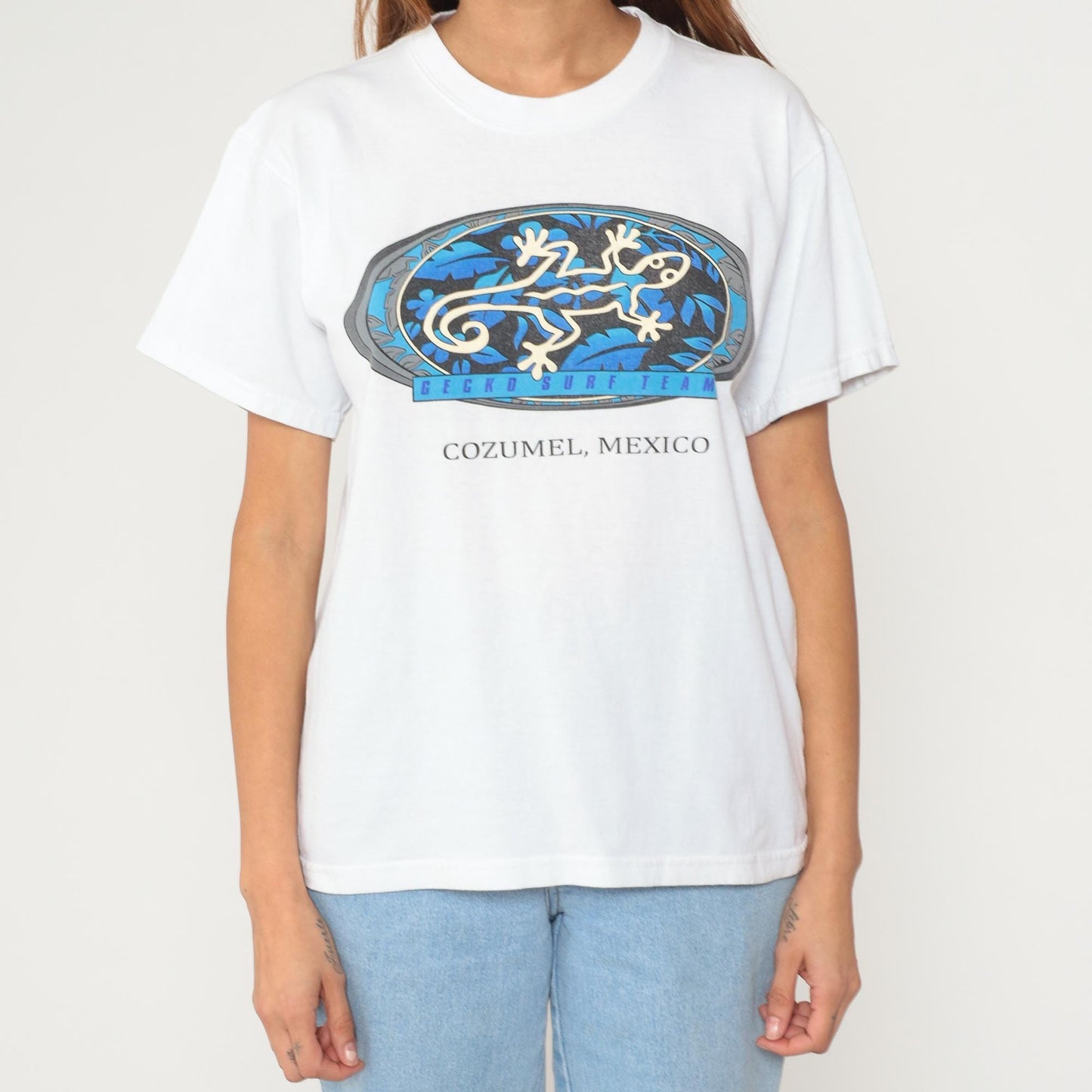Y2K Gecko Surf Team Cozumel Mexico White Cotton Graphic Tee Medium