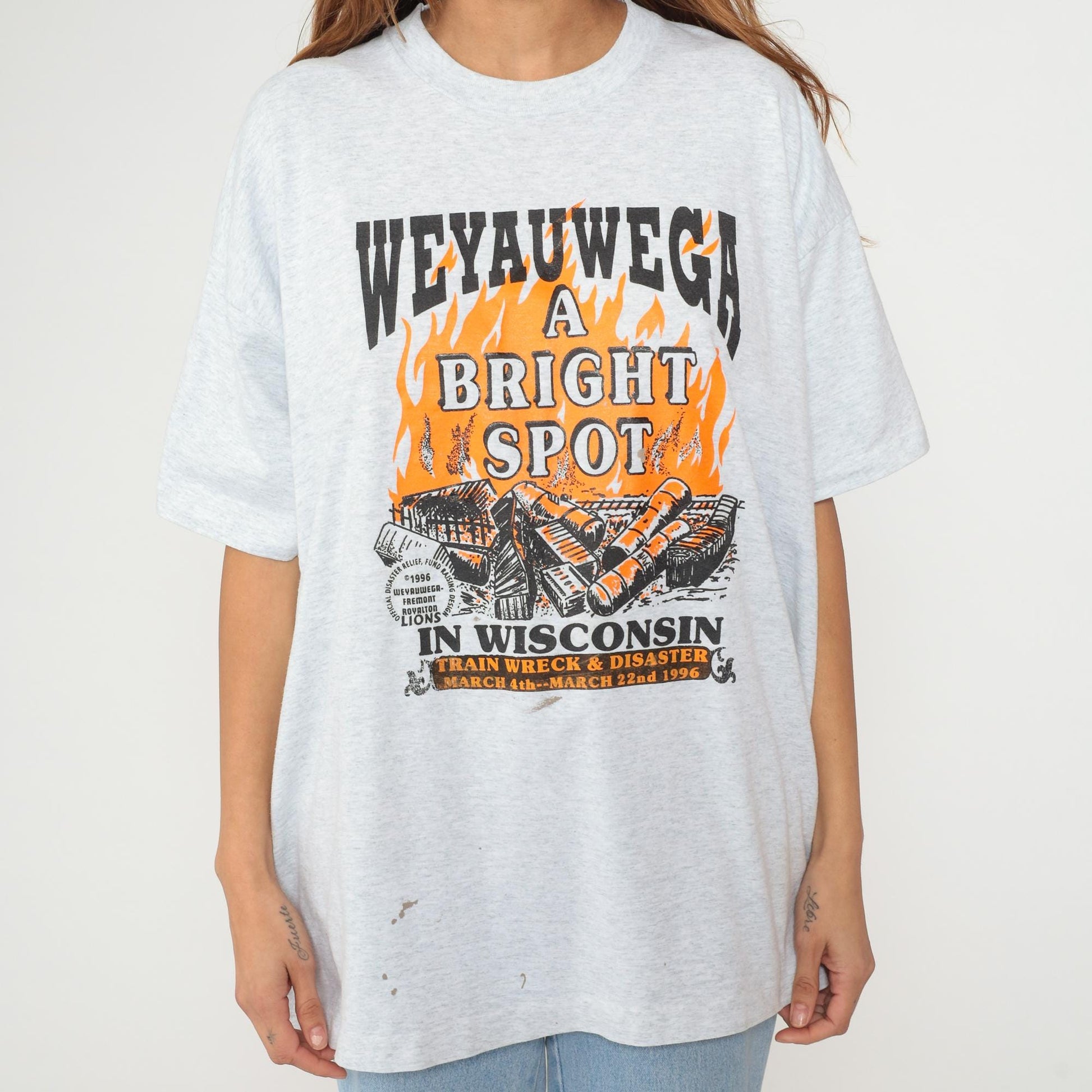 1996 Weyauwega Train Wreck Disaster Event Tee Grey Flame Print XXL