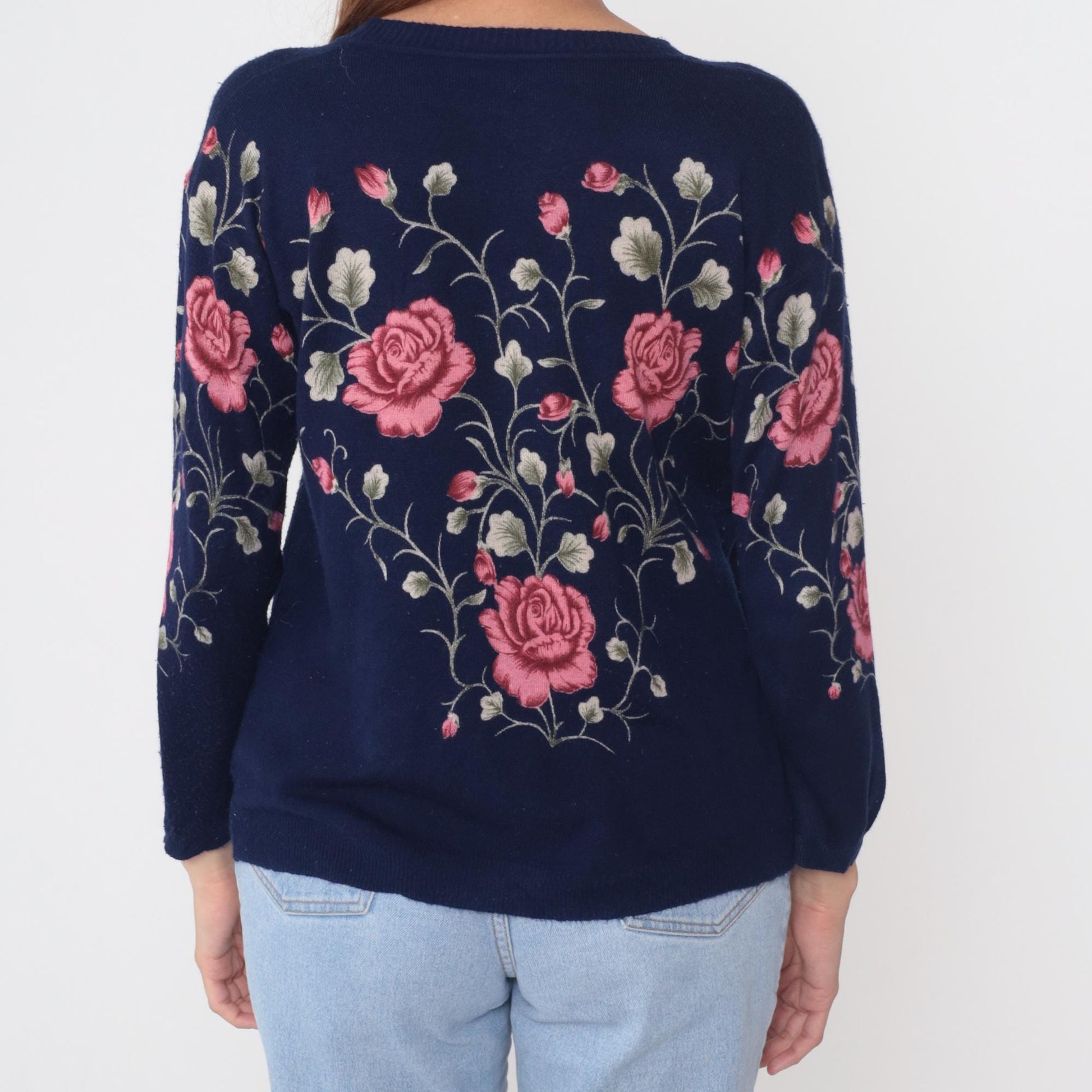 90s Navy Rose Embroidered Sweater Pink Beaded Knit Pullover Large L