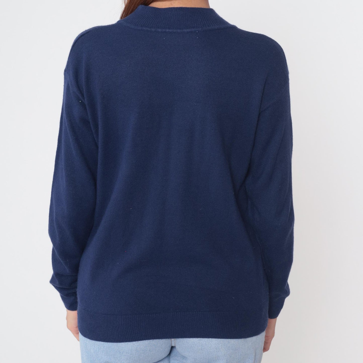 90s Navy Cashmere Sweater Mock Neck Pullover Medium M
