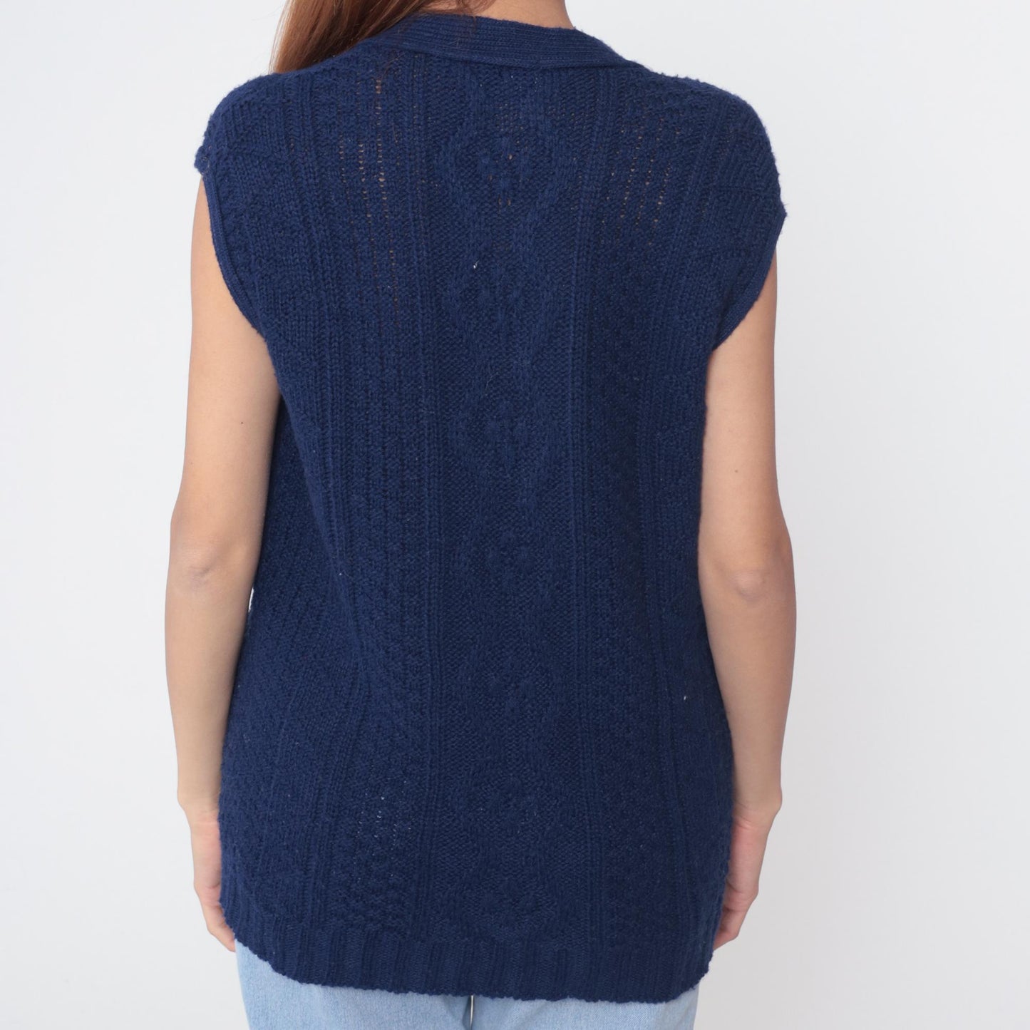 70s Navy Cable Knit Vest Deep V Button Front Sleeveless Medium