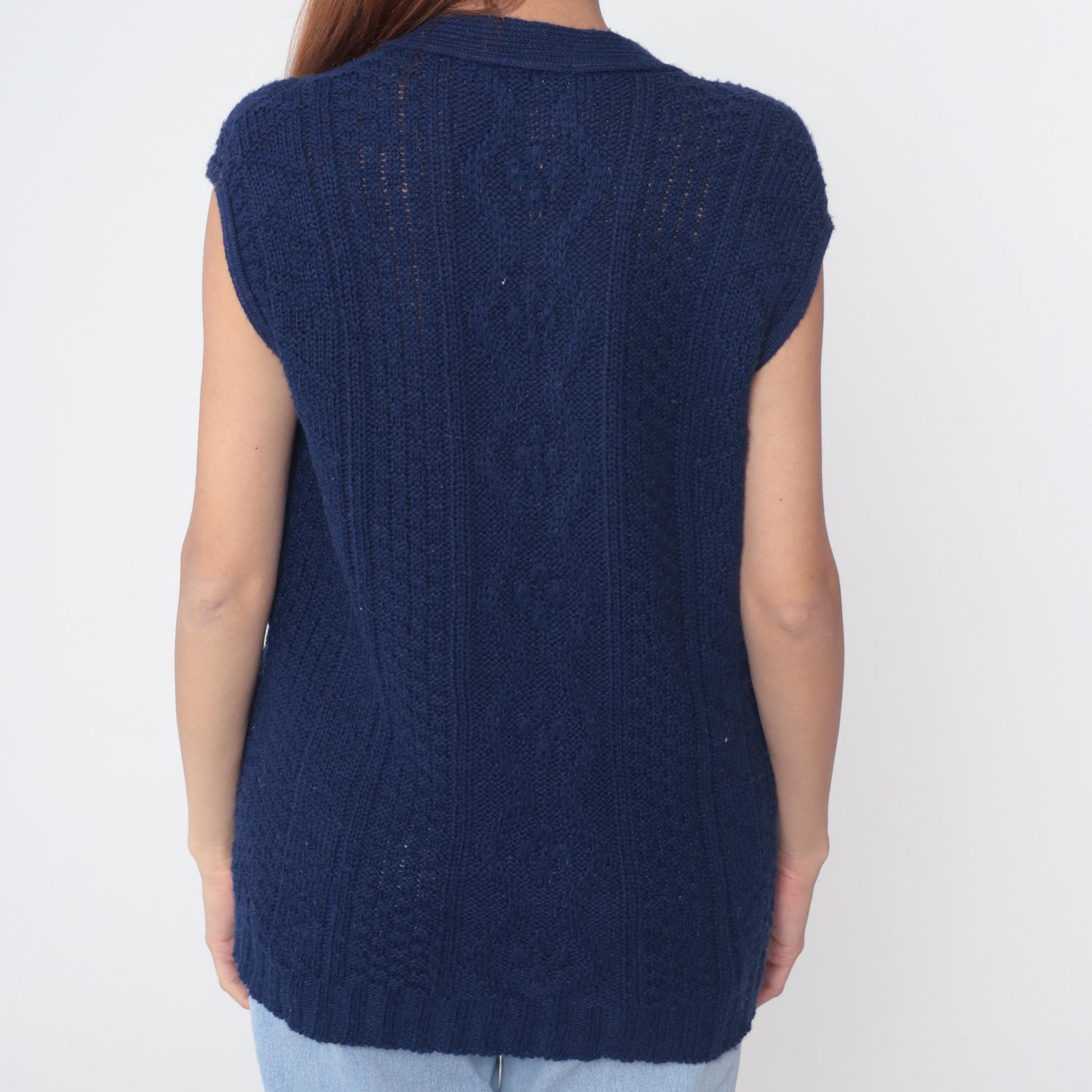70s Navy Cable Knit Vest Deep V Button Front Sleeveless Medium
