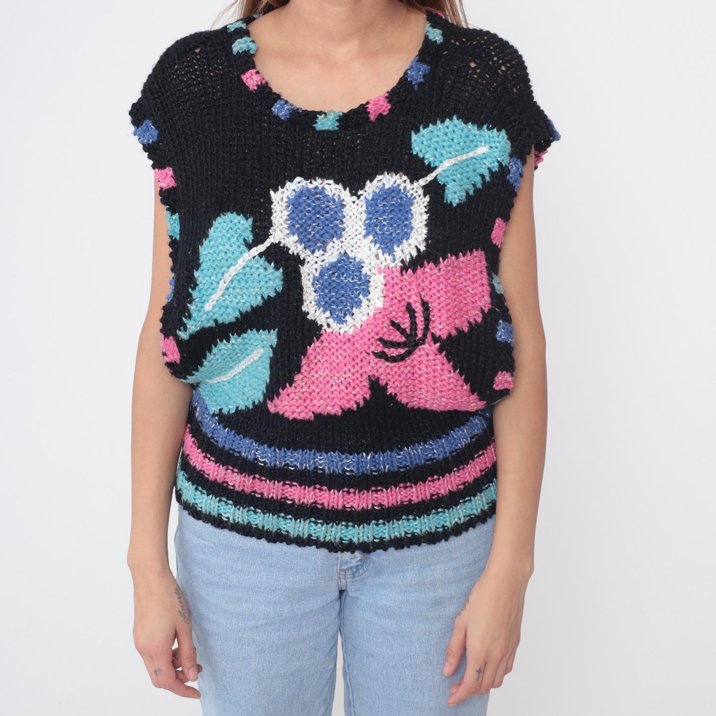 80s Sheridan Unique Knit Sweater Vest Black Floral Hot Pink Electric Blue Medium M
