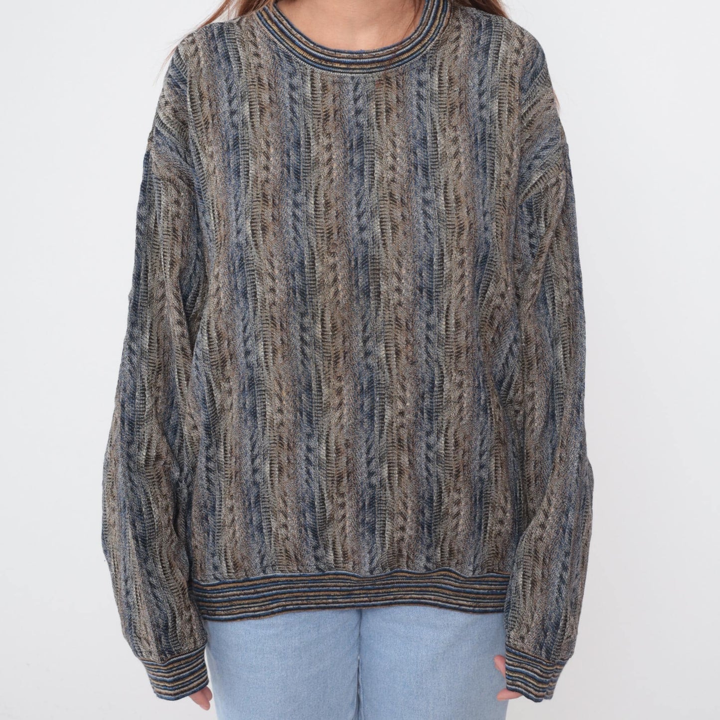 90s Jhane Barnes Knit Sweater Striped Crew Neck Earth Tone Large
