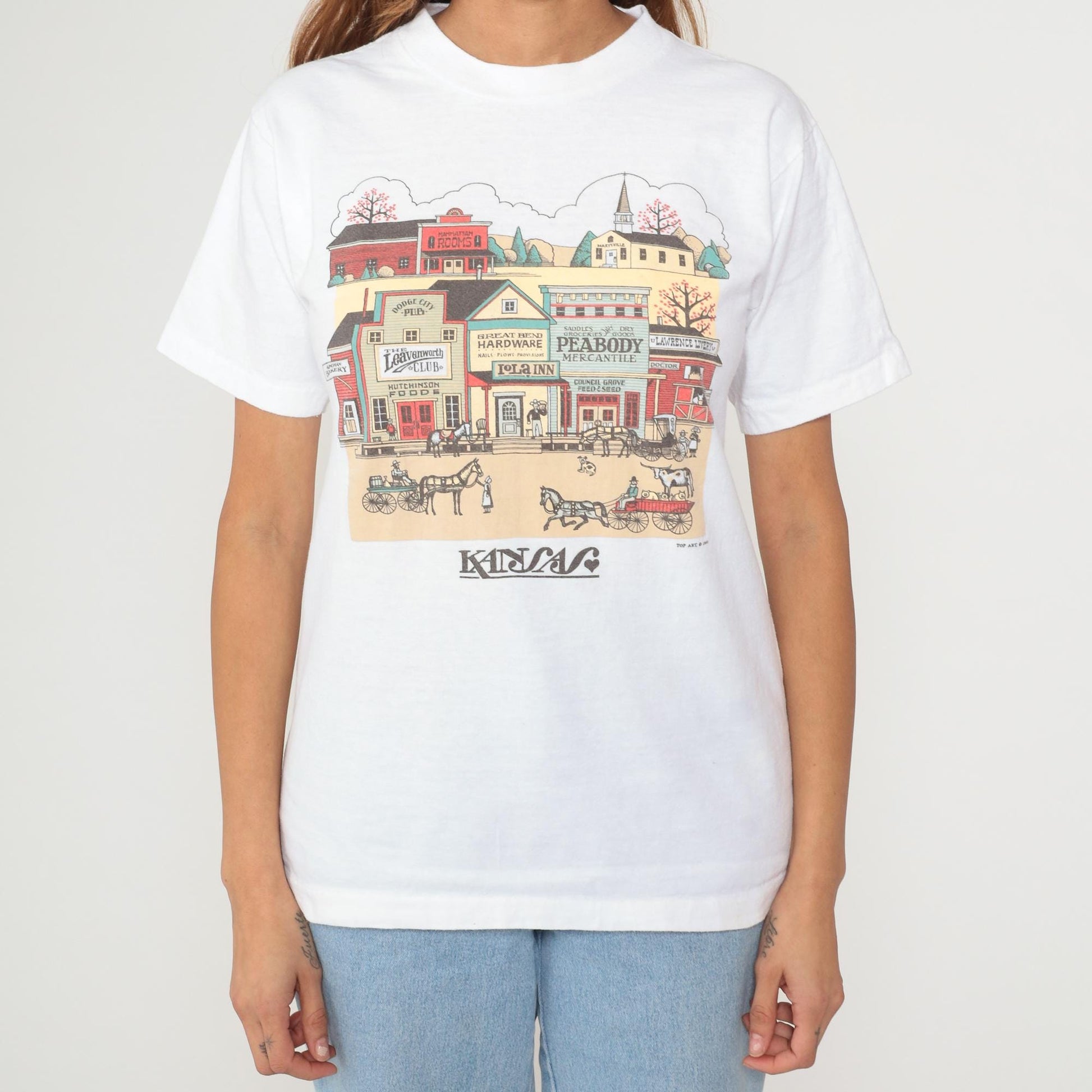 90s Oneita Peabody Kansas Western Town Graphic Tee White Cotton Medium