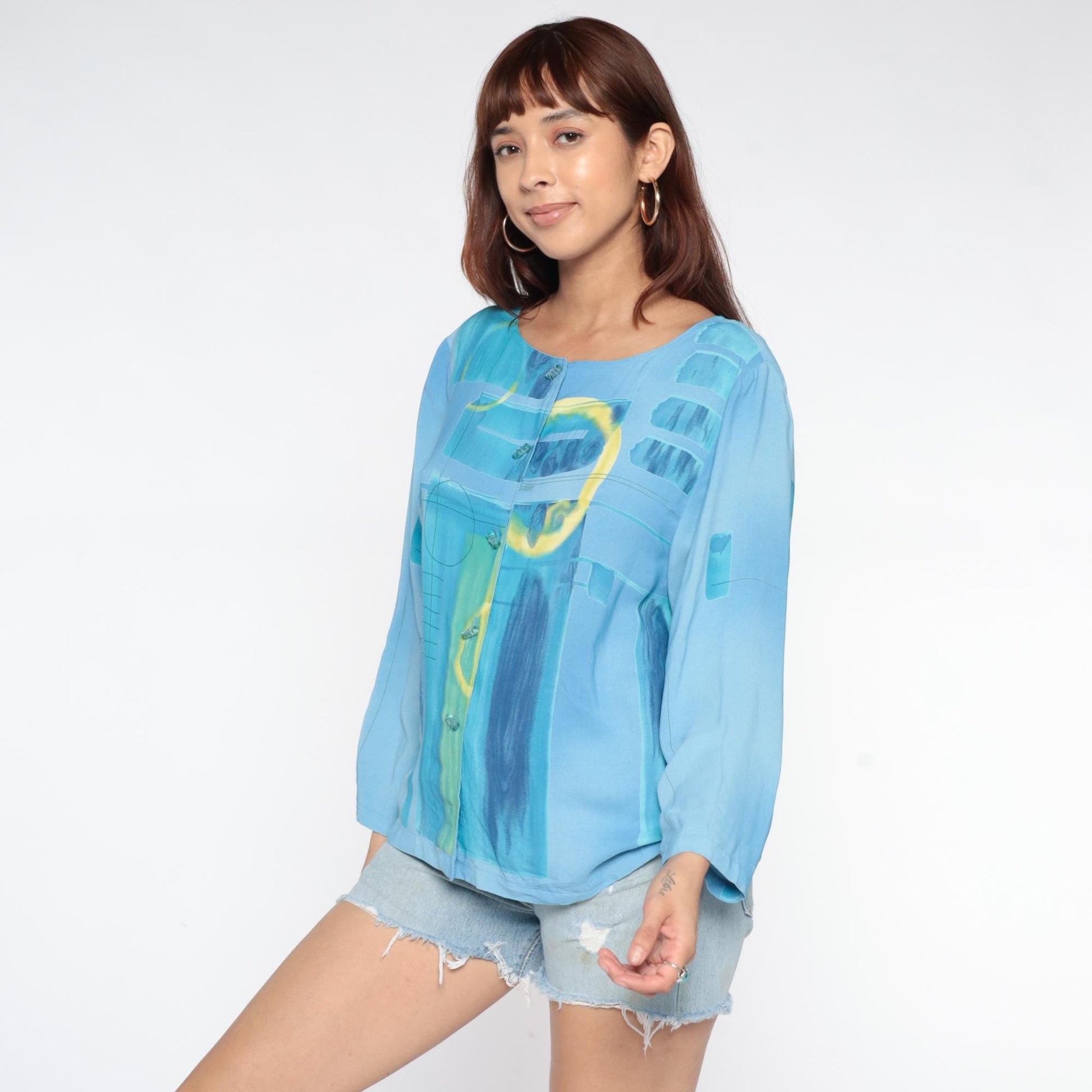 90s Nino Wong Geometric Watercolor Button Blouse Blue Rayon Medium M