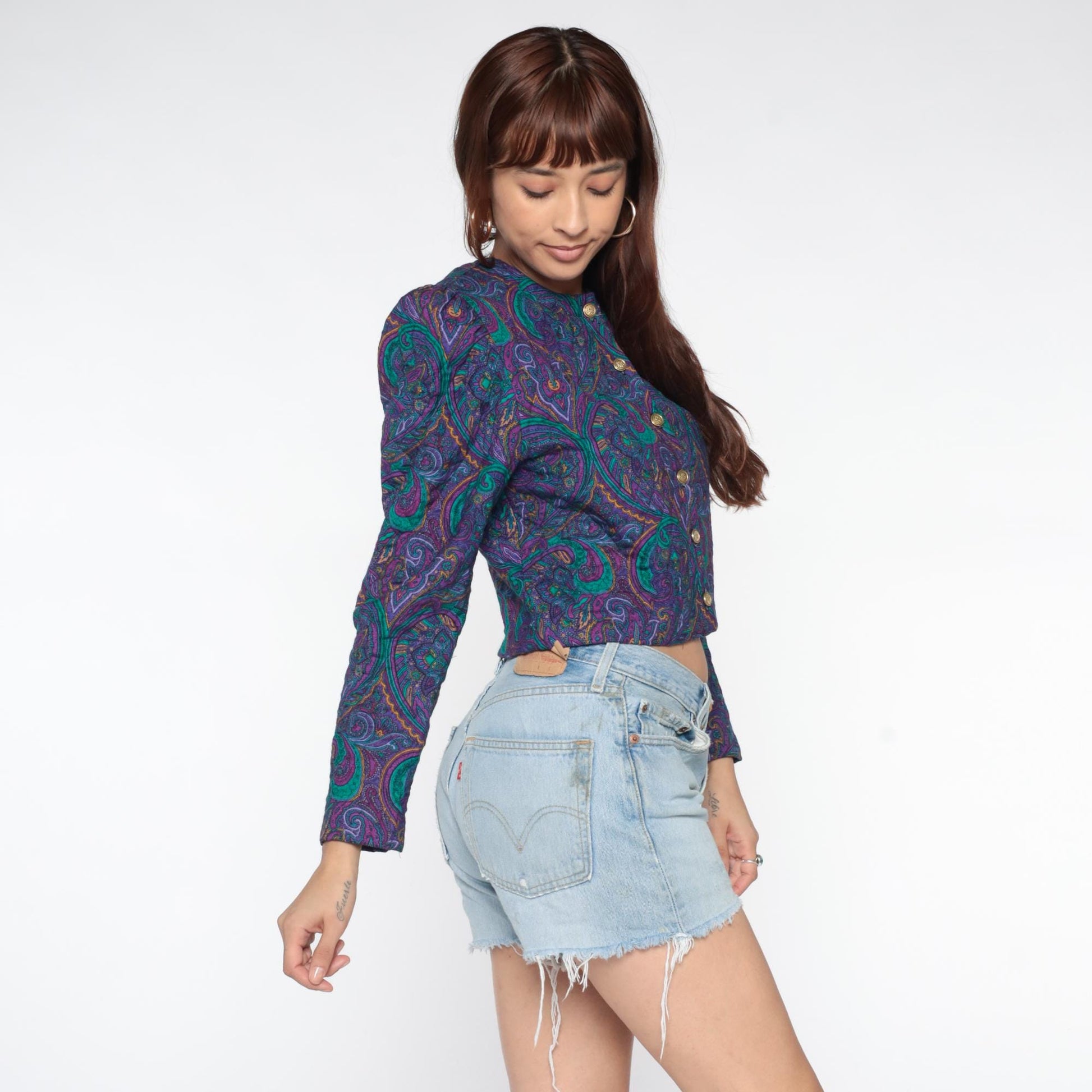 90s Jeffrey & Dare Purple Paisley Quilted Cropped Jacket Medium