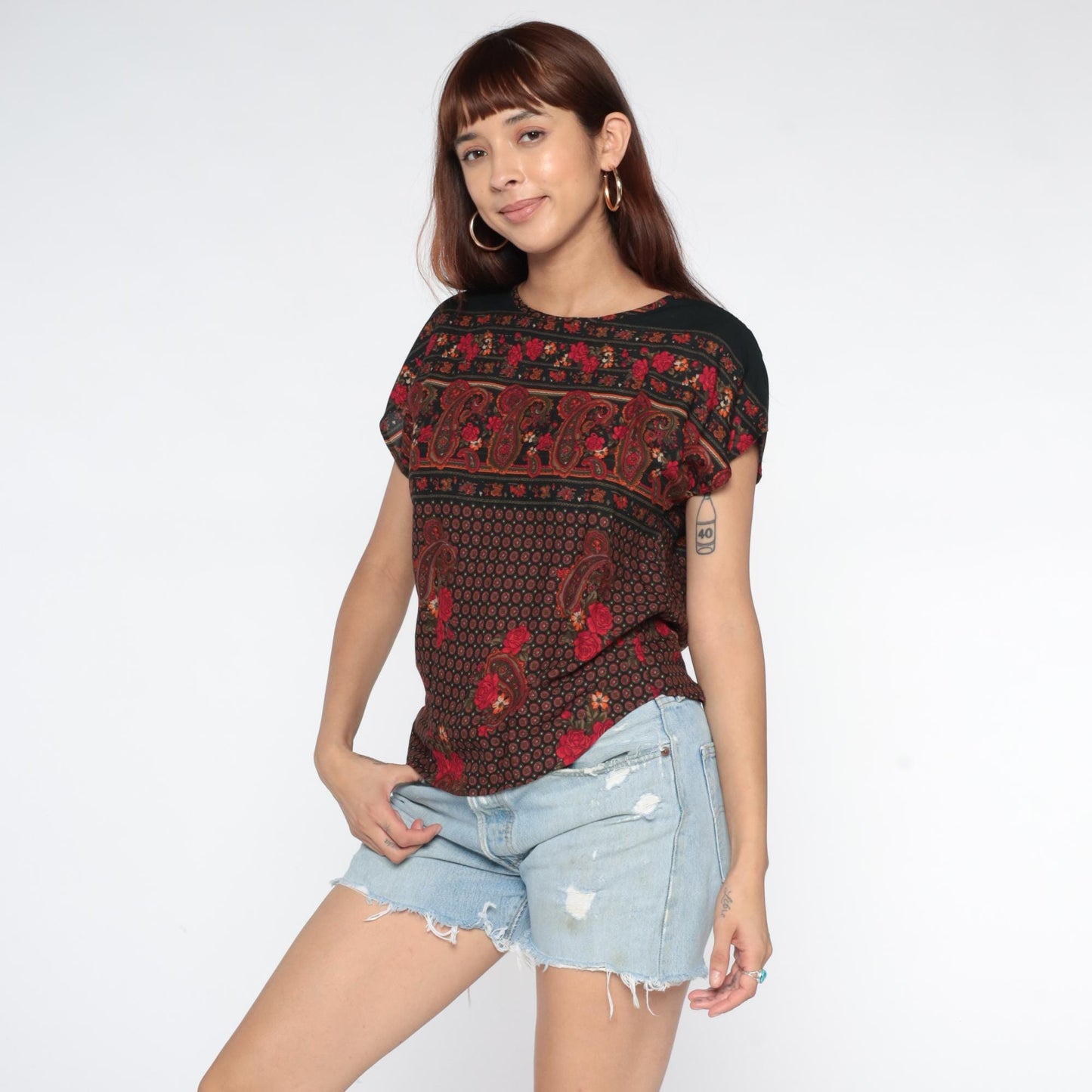 90s Paisley Floral Short Sleeve Blouse Black Burgundy Red Small S