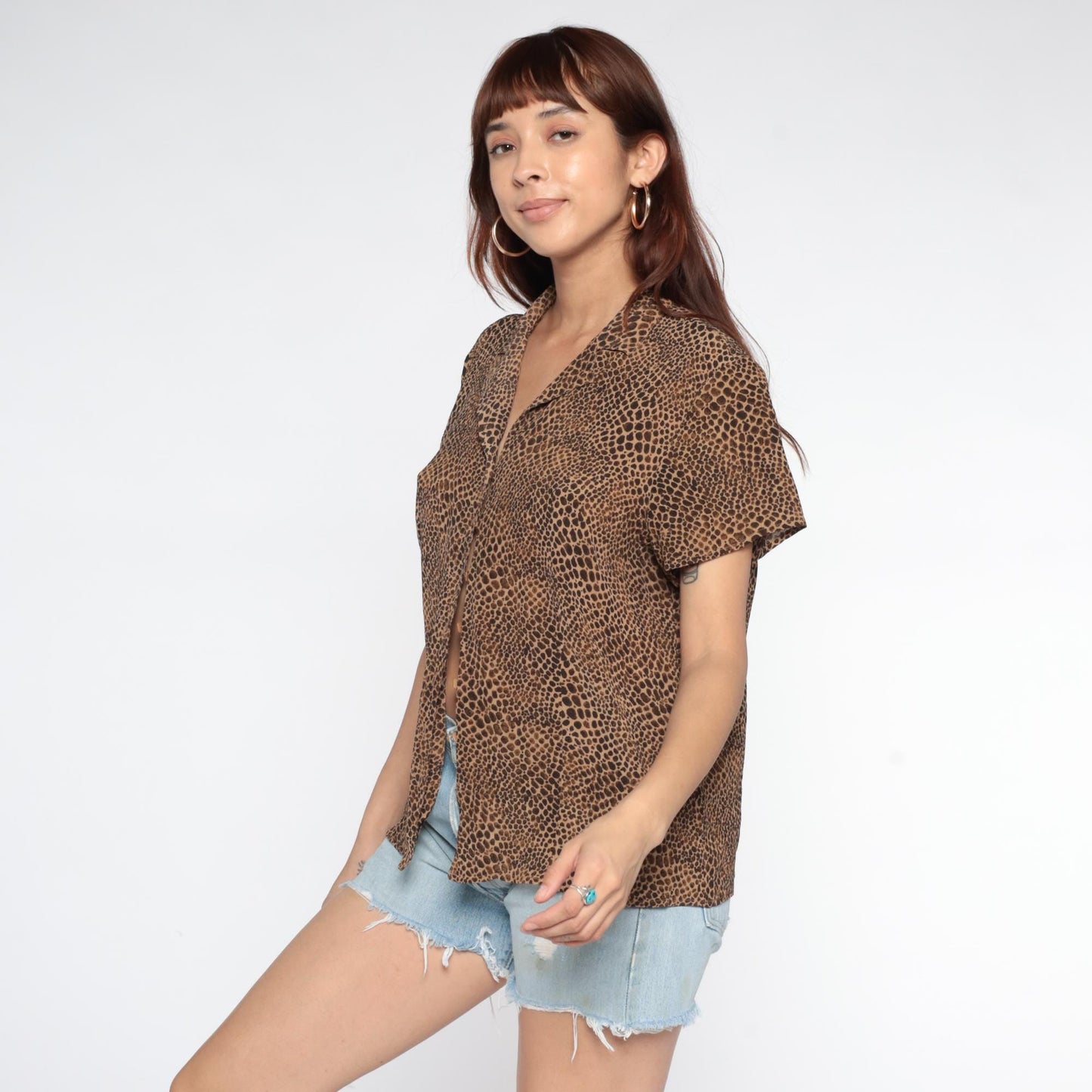 90s Leopard Print Button-Up Blouse Beige Brown Collared Short Sleeve Large L
