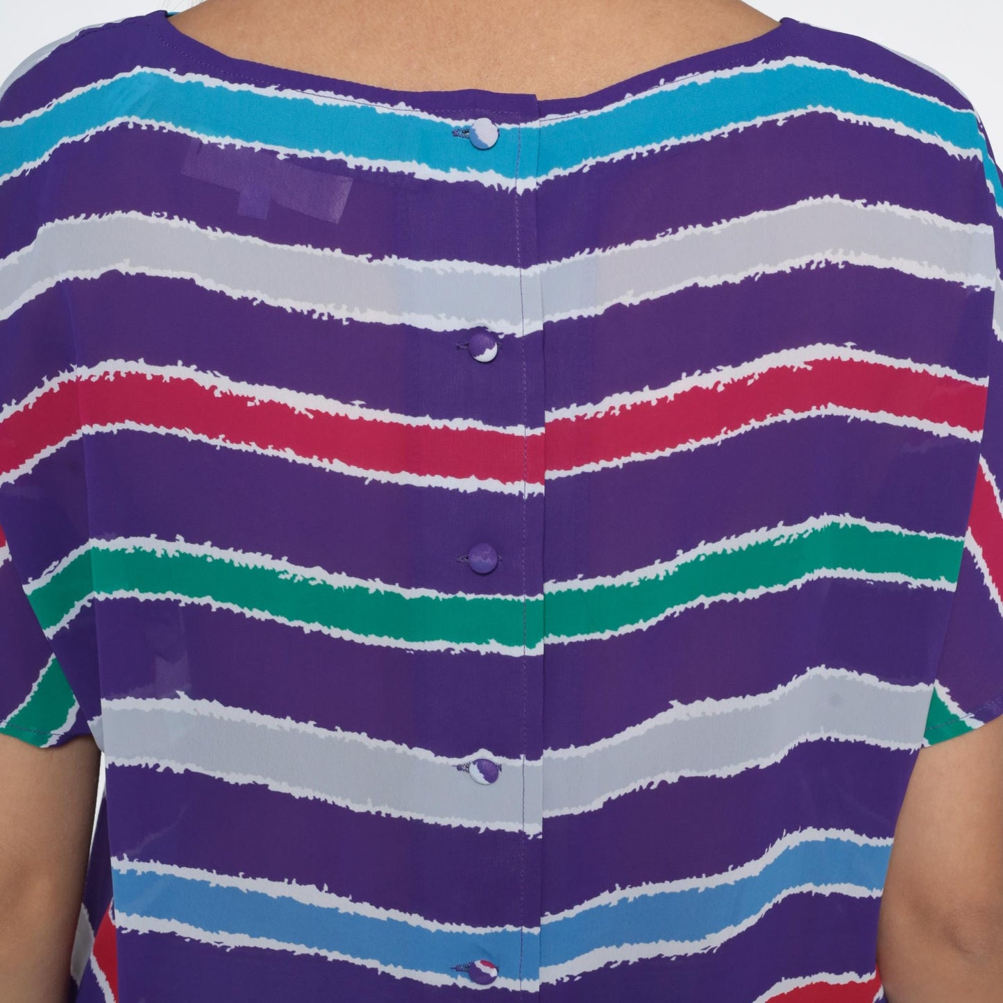 80s Purple Striped Tunic Cutout Back Geometric Short Sleeve Medium