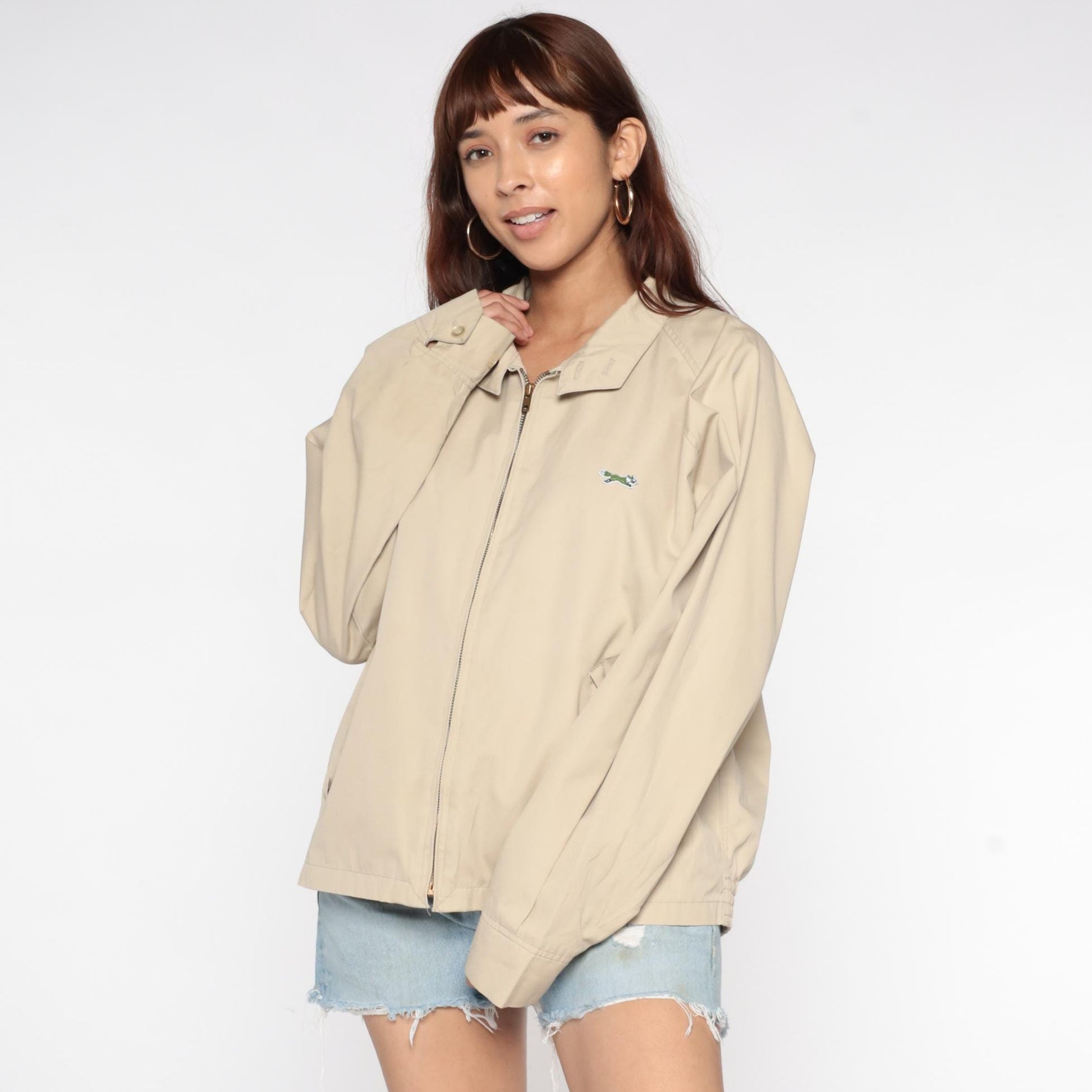 80s The Fox Beige Zip-Up Jacket Pointed Collar Embroidered Logo Medium