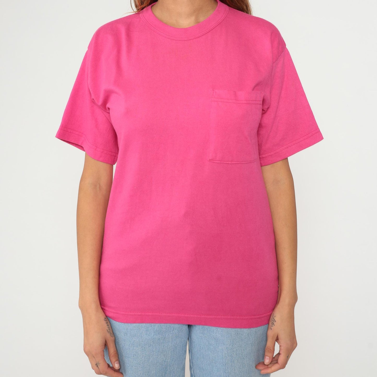 90s Pink Pocket T-Shirt Cotton Single Stitch Vintage Tee Small S