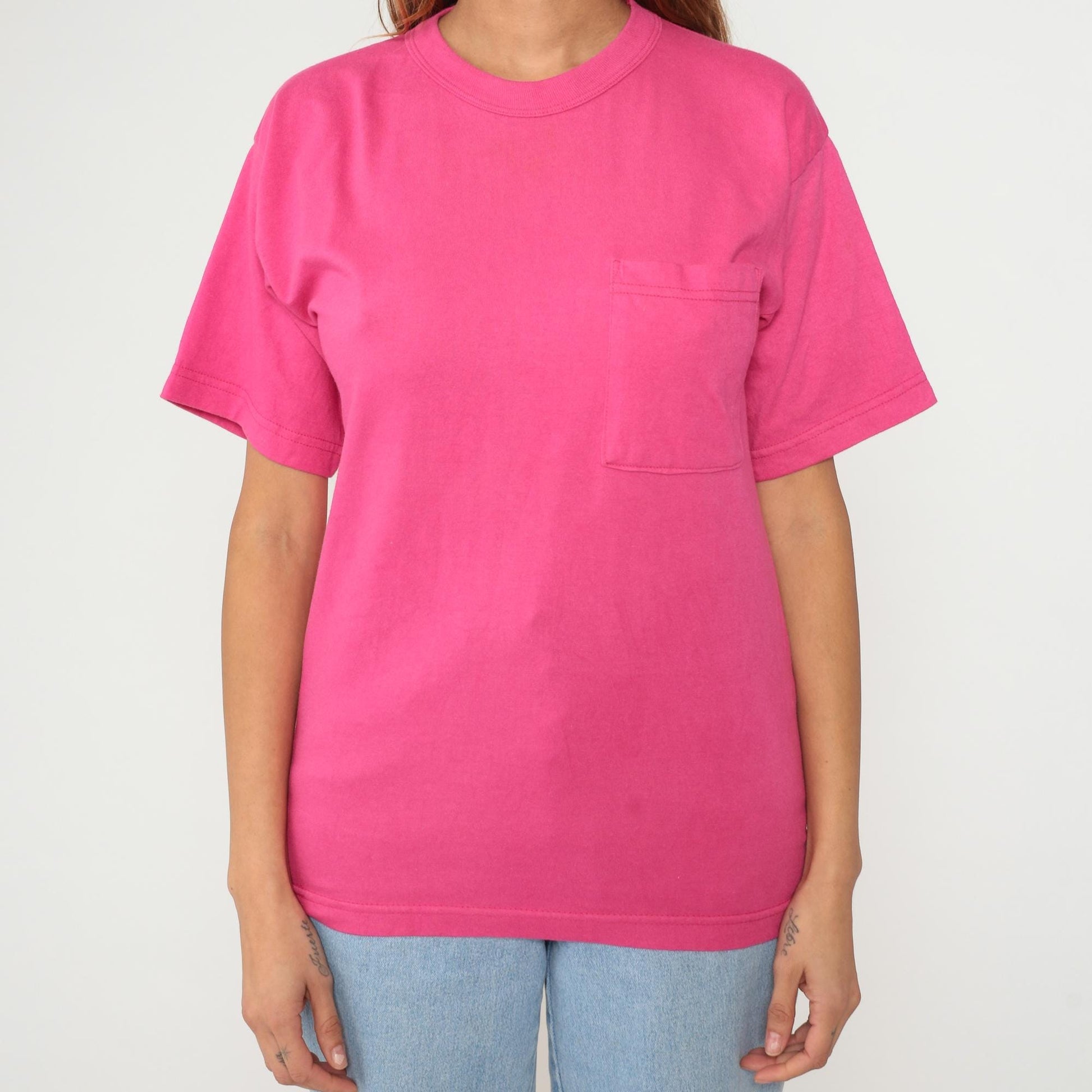 90s Pink Pocket T-Shirt Cotton Single Stitch Vintage Tee Small S