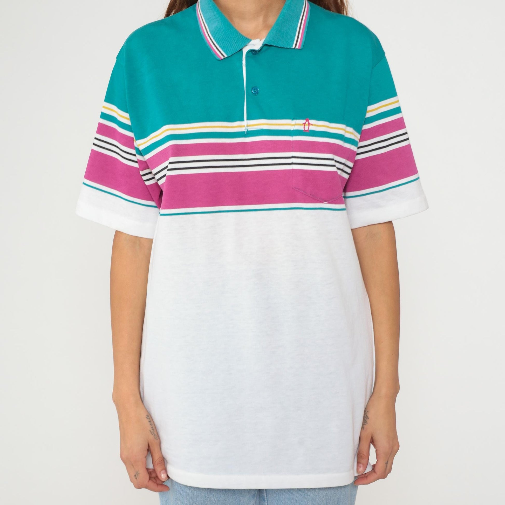 80s Penguin Striped Polo Shirt White Teal Purple Gold Quarter Button Medium