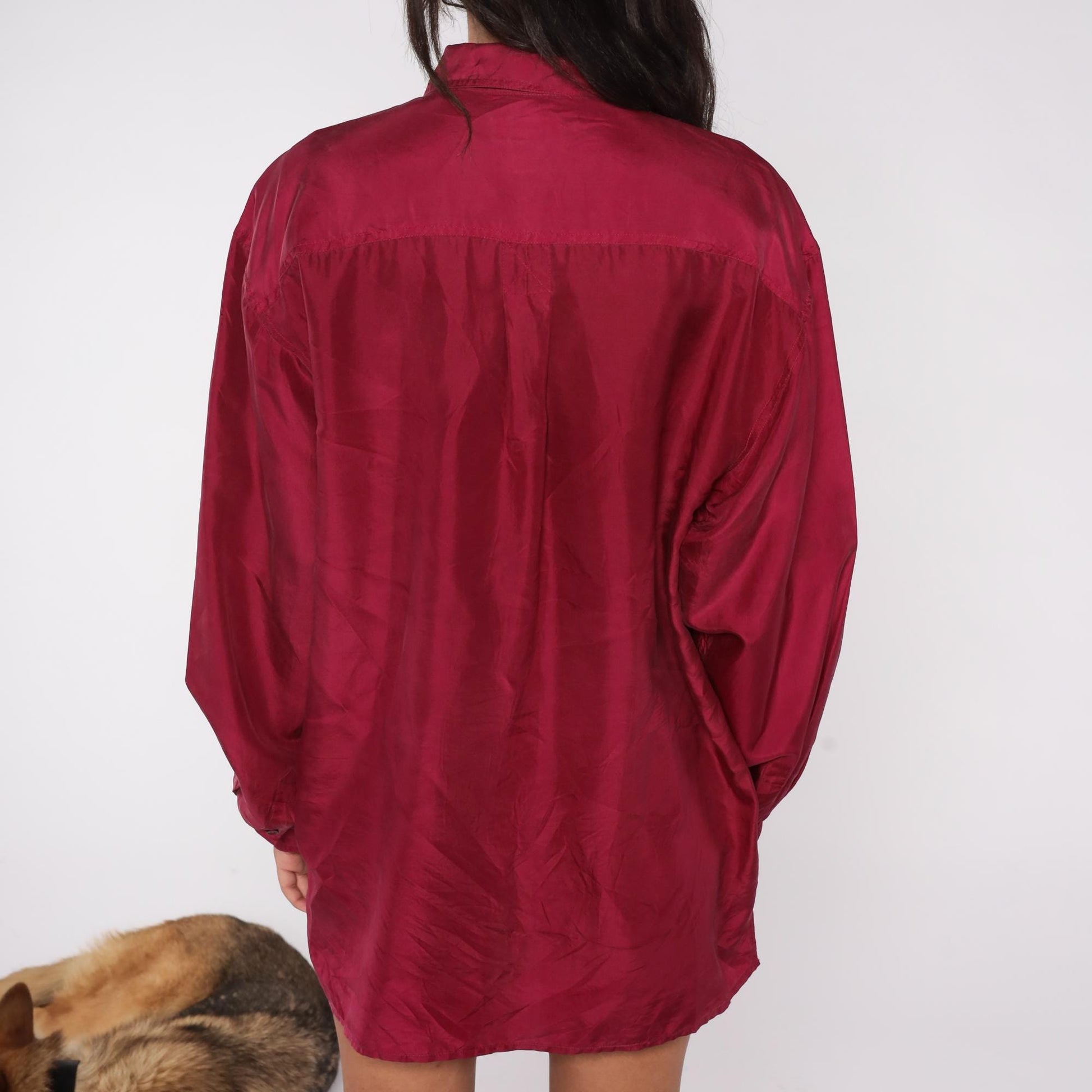 90s Bogari Burgundy Silk Button-Up Shirt Large L