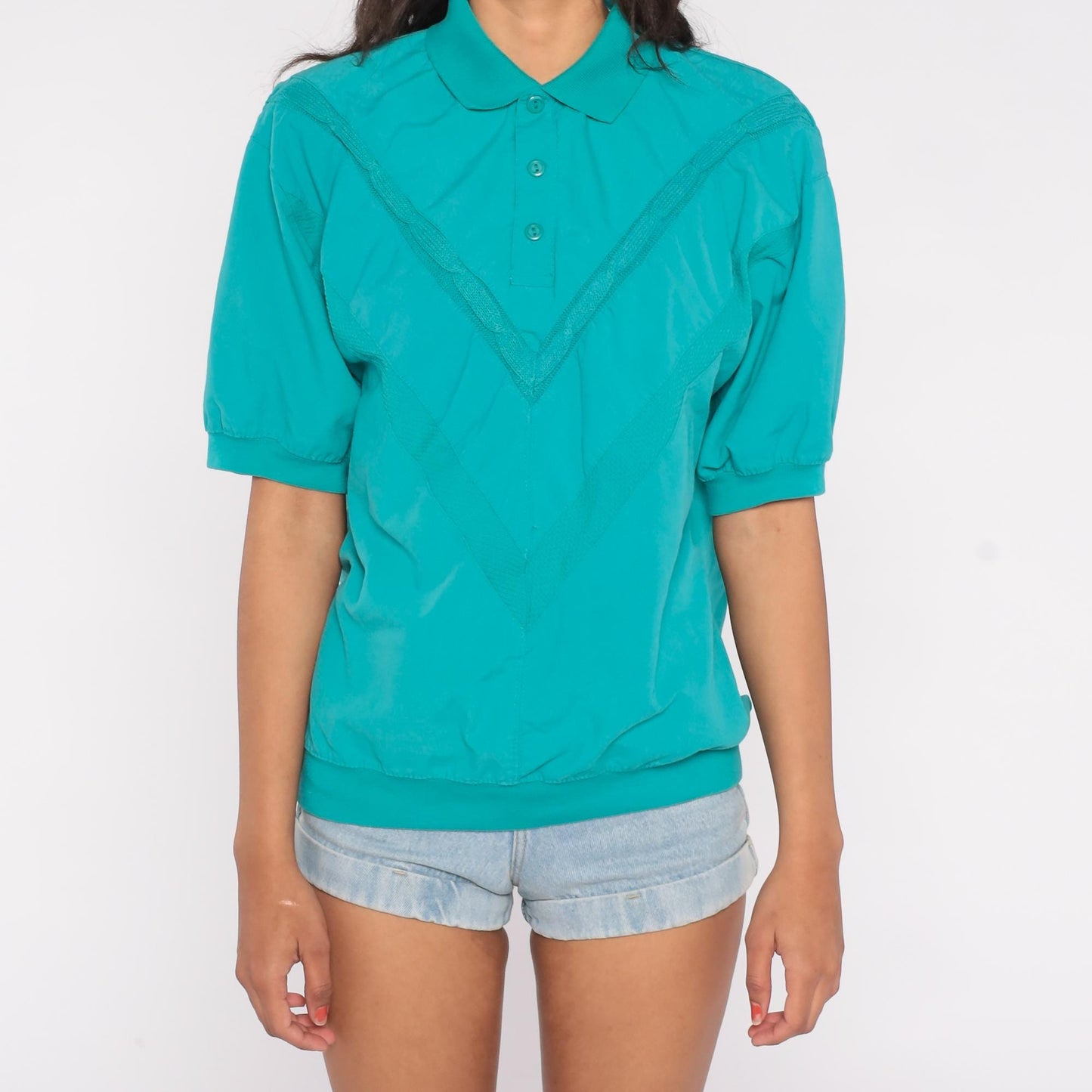 90s Teal Textured Polo Shirt Collared Short Sleeve Button Front Medium
