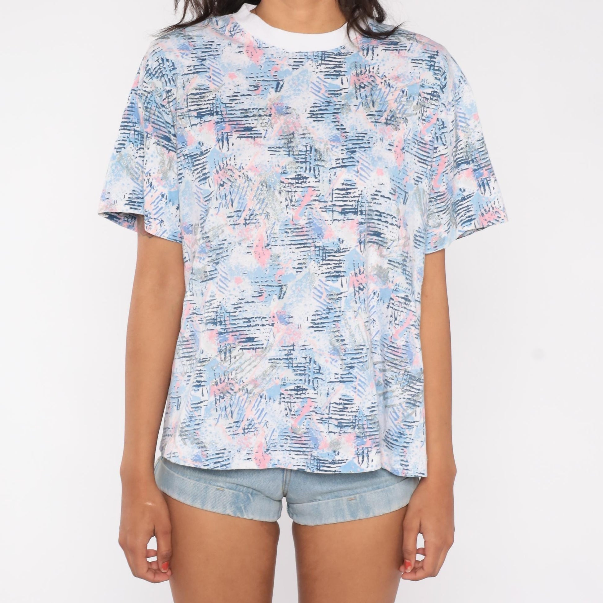 90s Abstract Brushstroke T-Shirt Pastel Blue Pink Grey Small