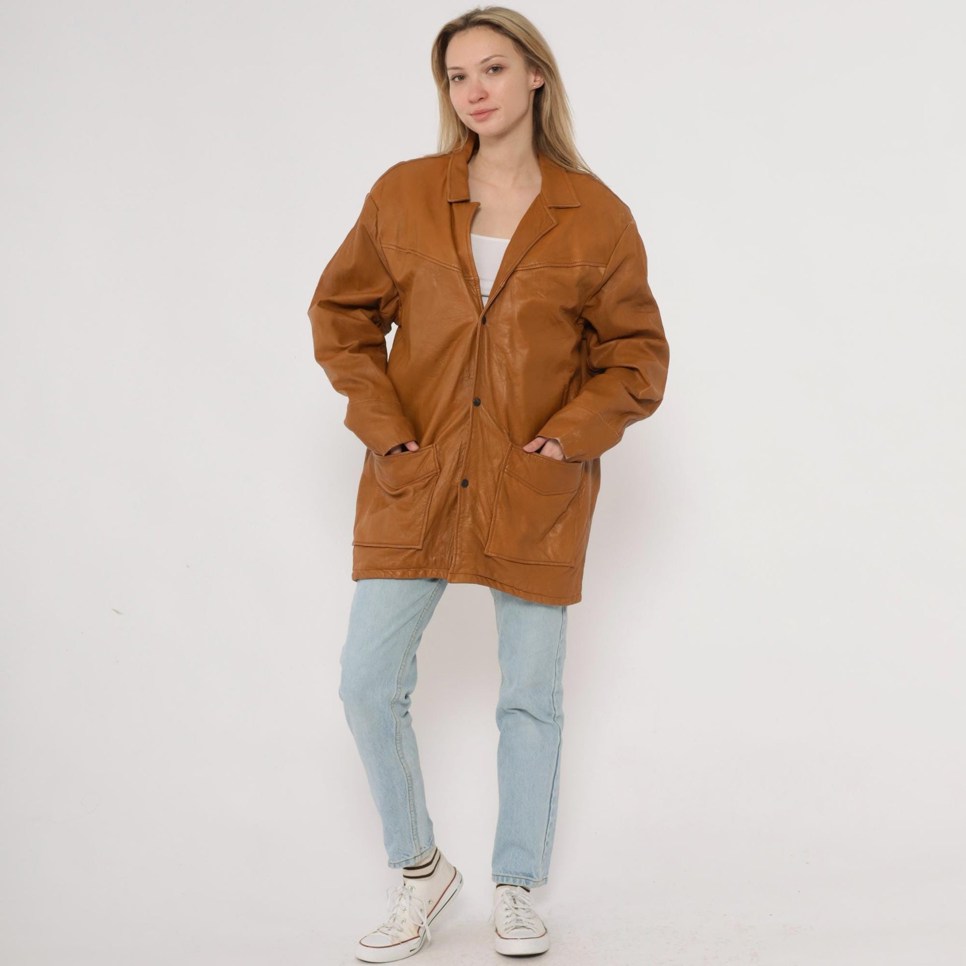80s Camel Leather Blazer Button Front Patch Pockets Long Sleeve Large L