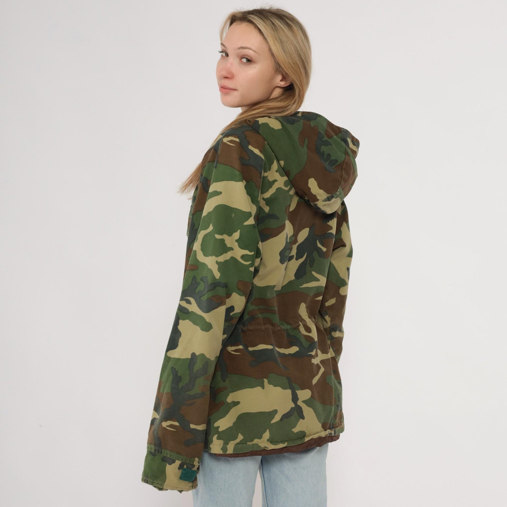 90s Black Sheep Woodland Camo Hooded Jacket Olive Green Cotton Large