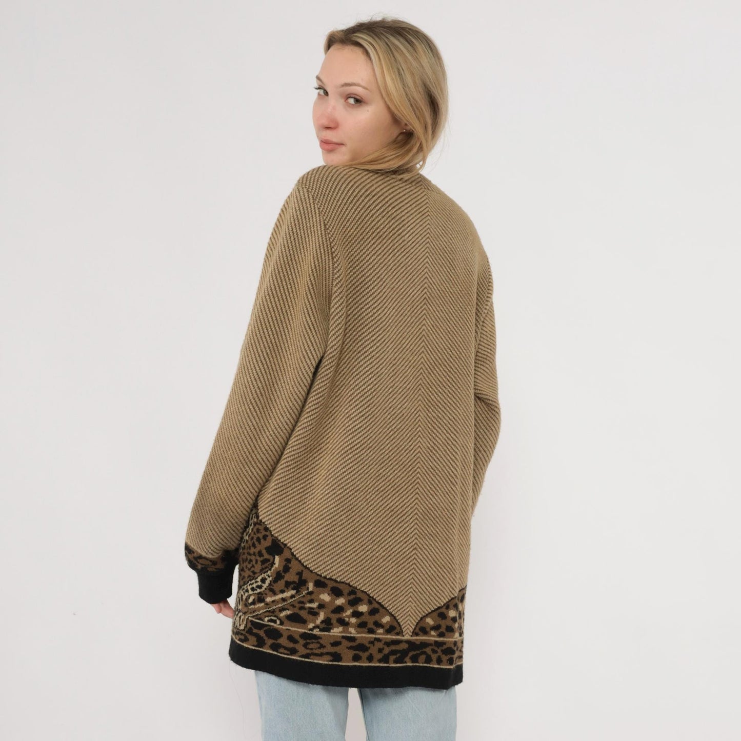 80s Romaye Leopard Cardigan Tan Striped Wool Blend Small S