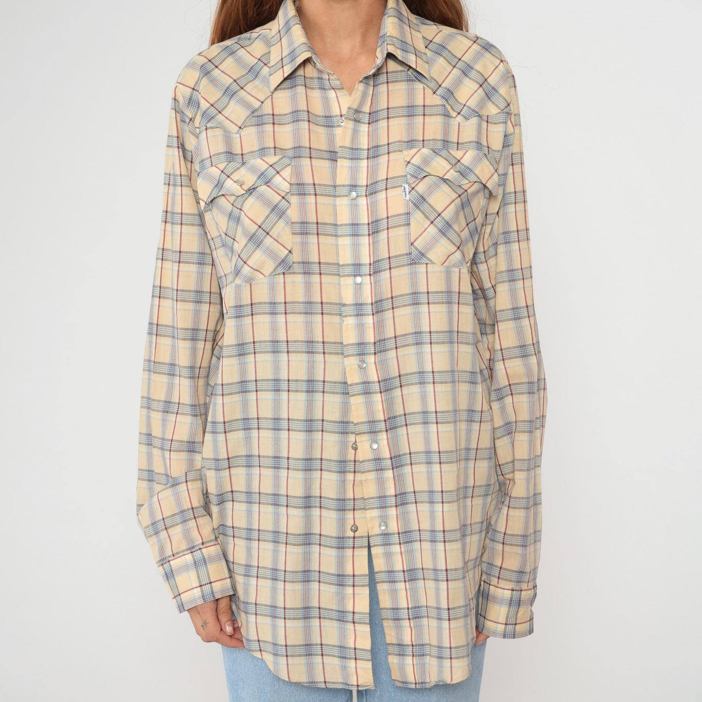 80s Levi's Plaid Button-Up Shirt Tan Brown Cotton Long Sleeve Large