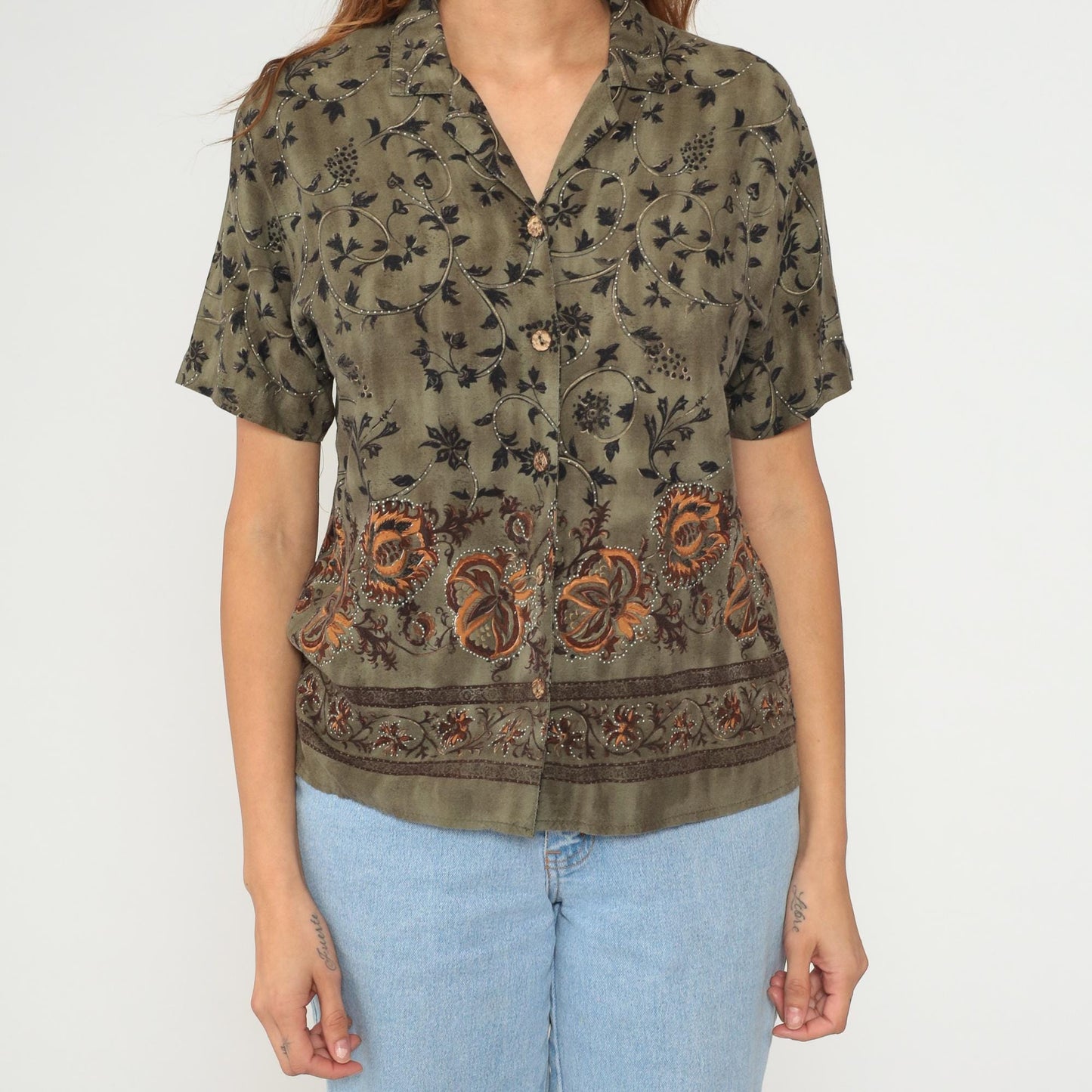 90s Teddi Petites Olive Green Rayon Botanical Floral Button Shirt Medium