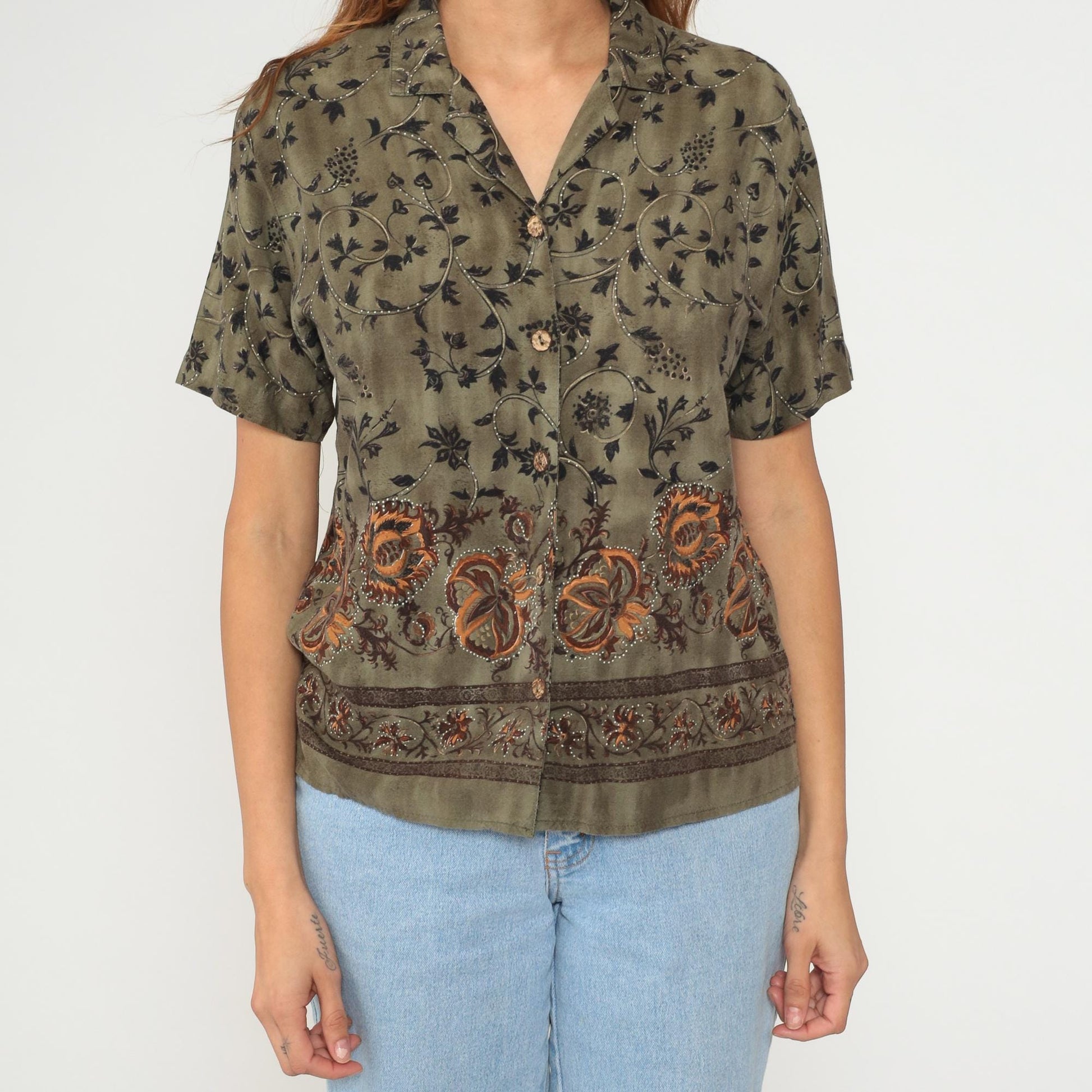 90s Teddi Petites Olive Green Rayon Botanical Floral Button Shirt Medium