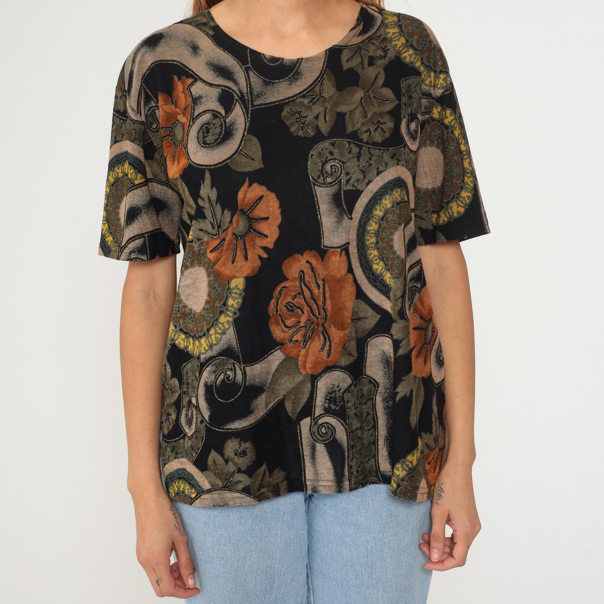 90s Jostar Floral Scroll Print T-Shirt Black Rust Orange Olive Large