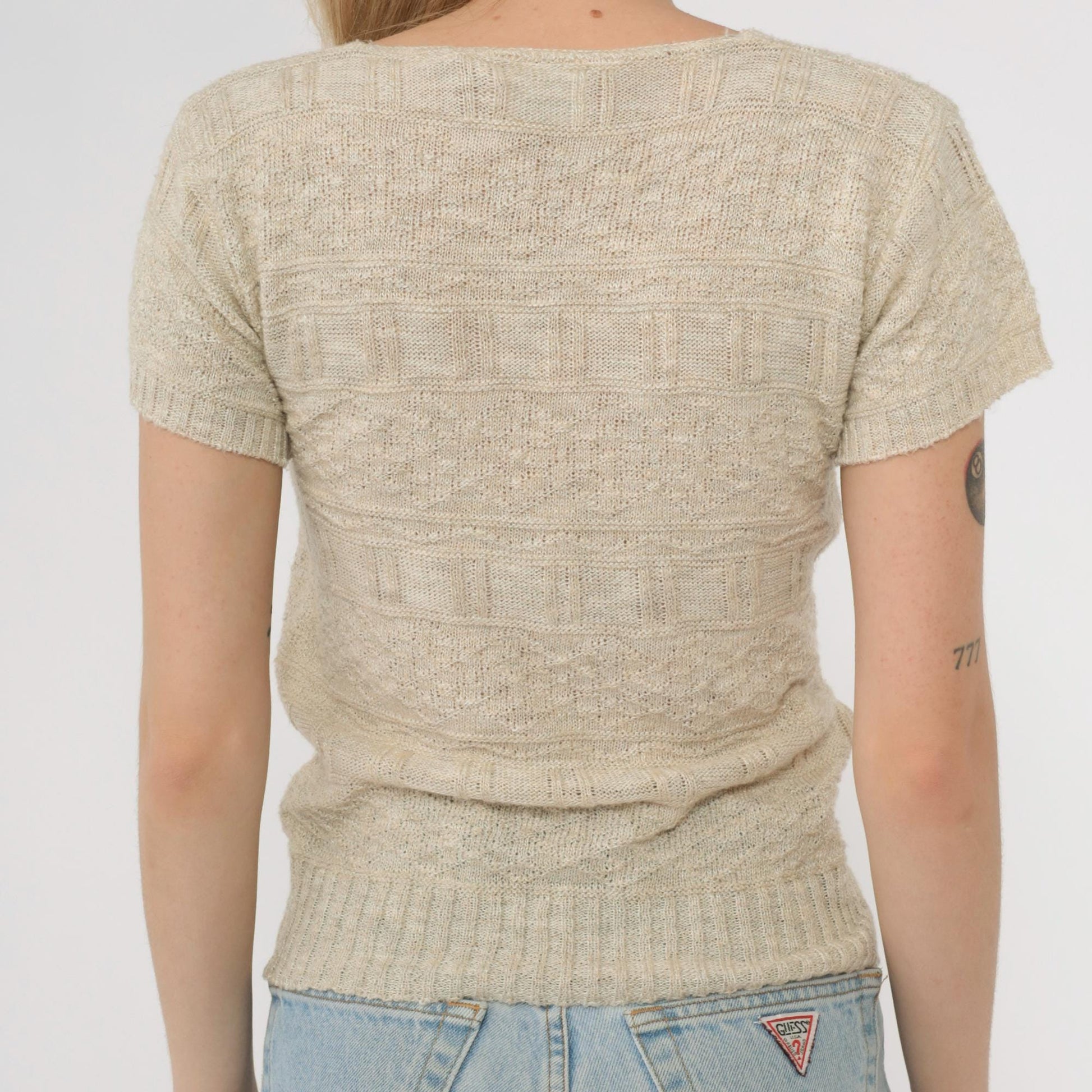 80s Cream Knit Sweater Textured Short Sleeve Crew Neck Fitted Pullover Small S