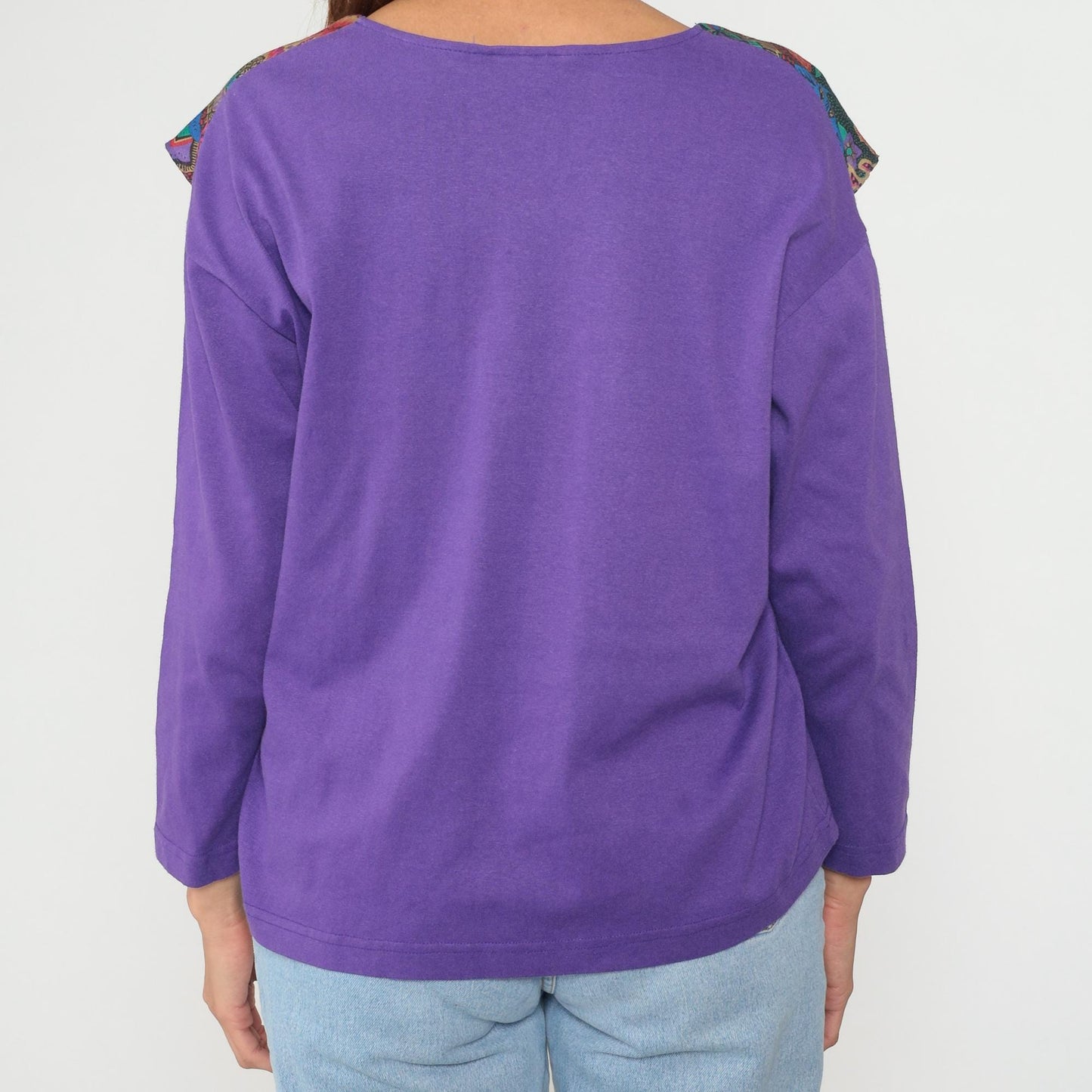 90s Purple Floral Tie Neck Cotton Blouse Long Sleeve V-Neck Medium M