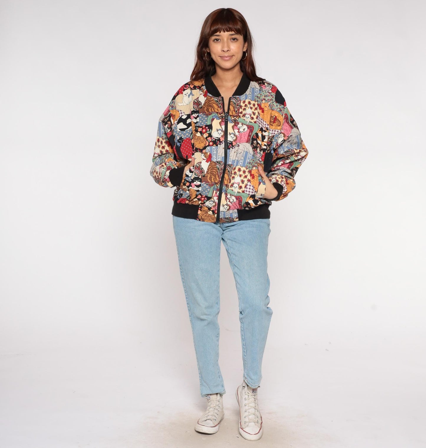 90s Infinity Chic Reversible Bomber Jacket Cat Farm Print Cotton