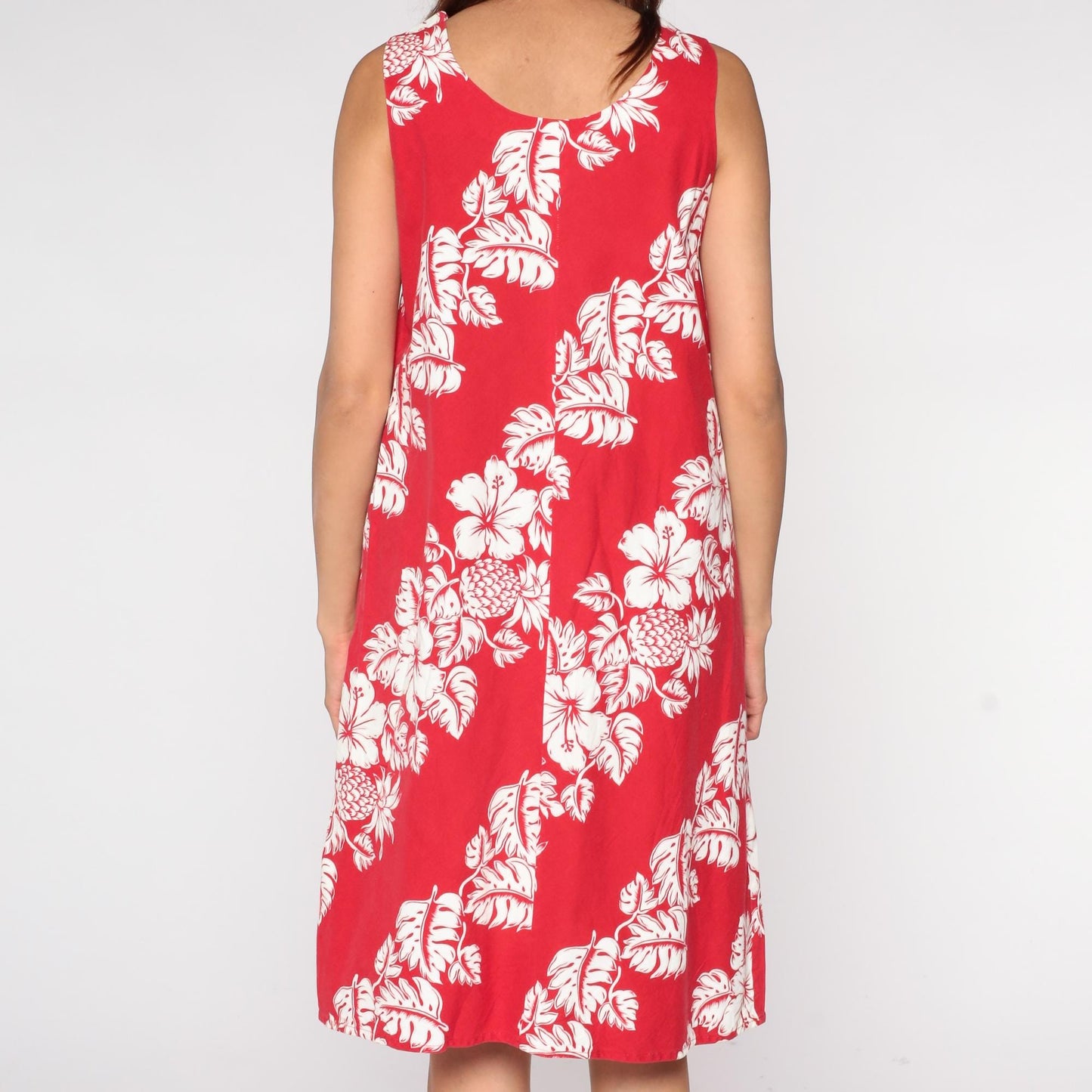 90s Hawaiian Dress Red Tropical Hibiscus Pineapple Print Sleeveless Knee-Length Medium M