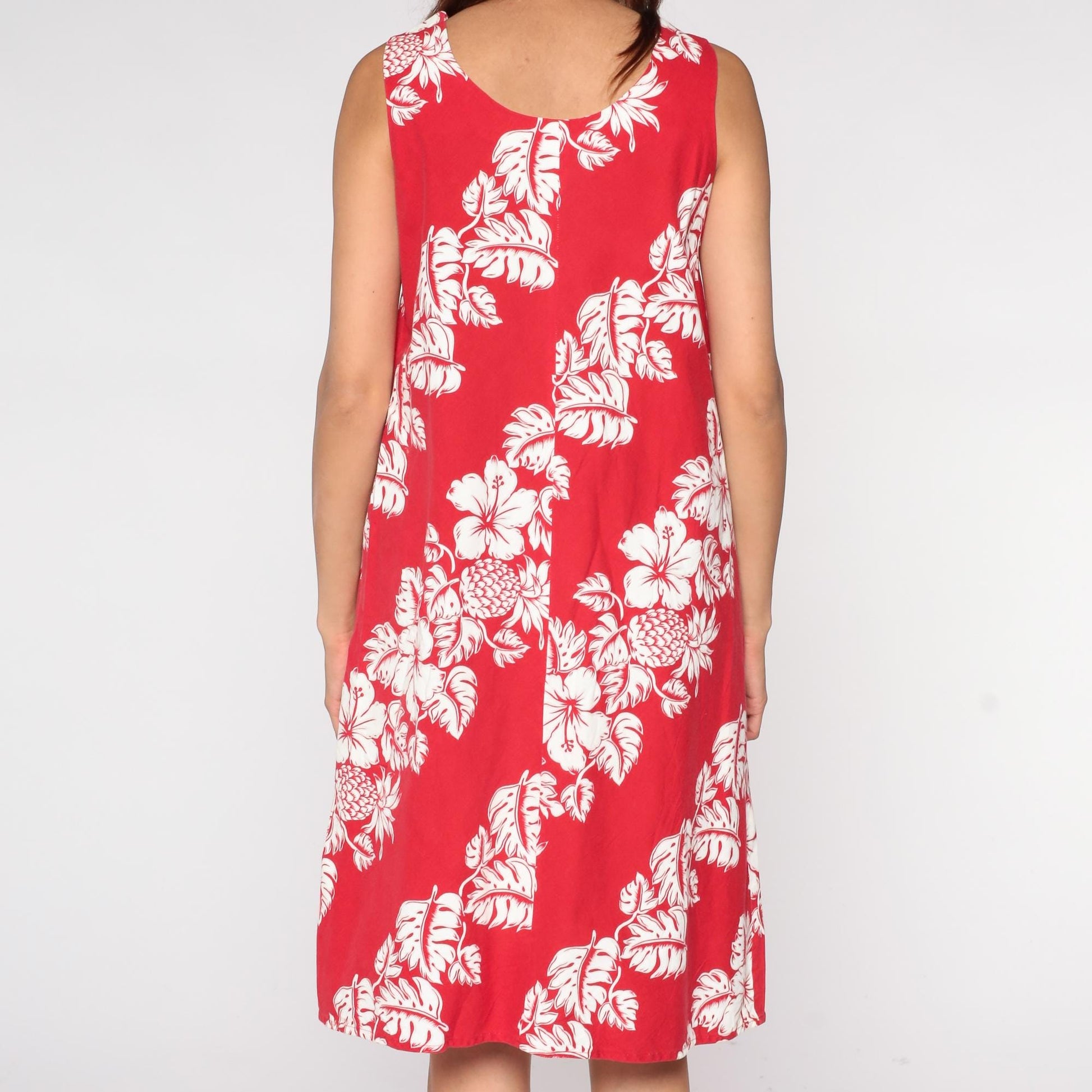 90s Hawaiian Dress Red Tropical Hibiscus Pineapple Print Sleeveless Knee-Length Medium M