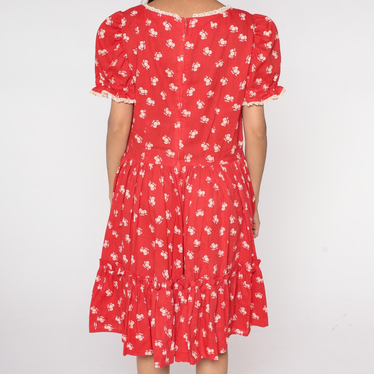70s Apple Red Floral Prairie Dress Puff Sleeves Lace Trim Extra Large XL