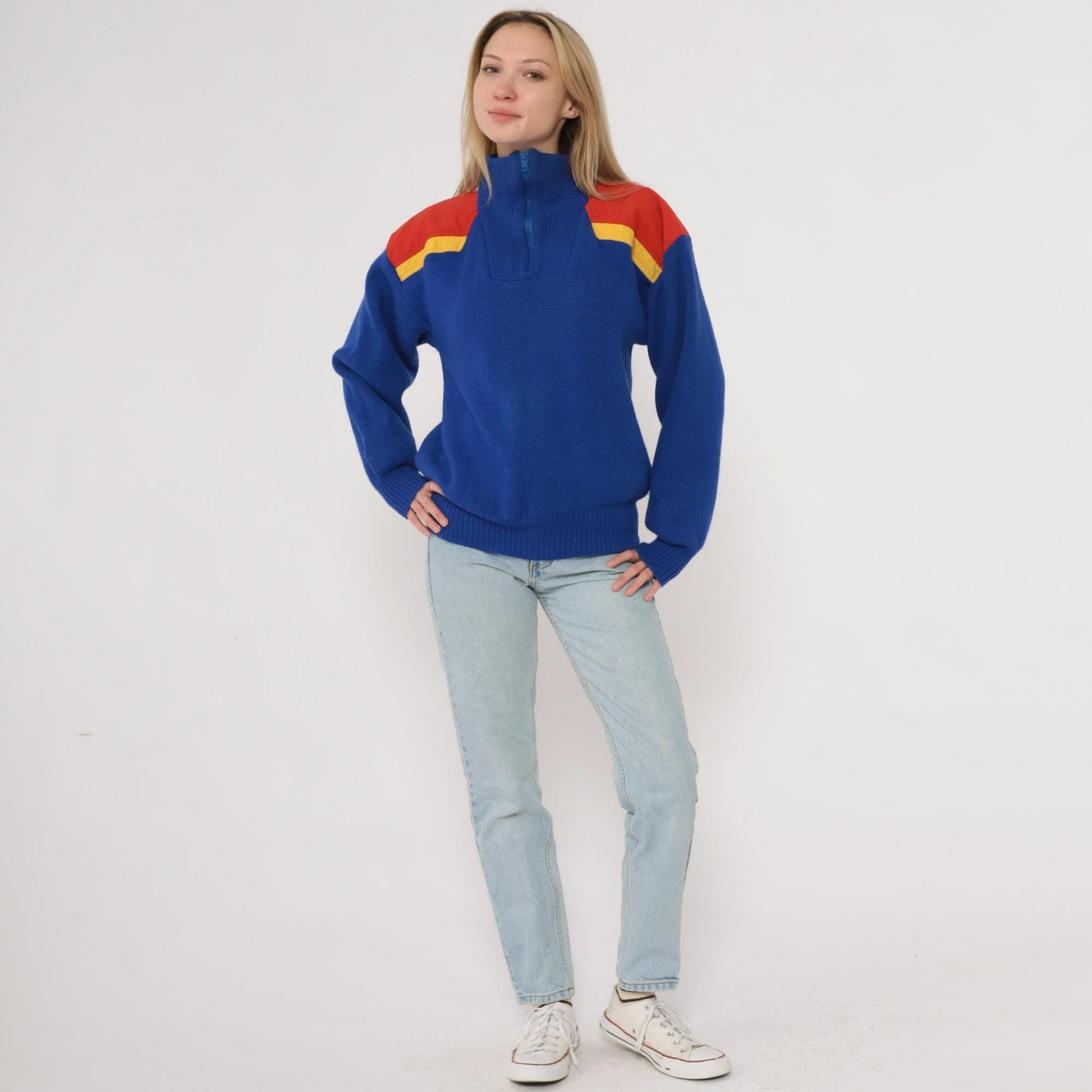 80s Slalom Colorblock Half Zip Wool Sweater Blue Red Yellow Men's Small