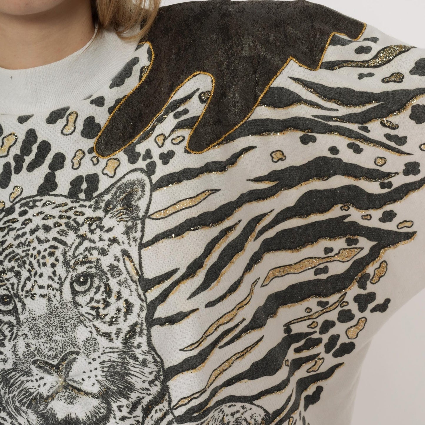 90s Leopard Animal Print Sweatshirt Gold Glitter Crewneck Cotton Large L
