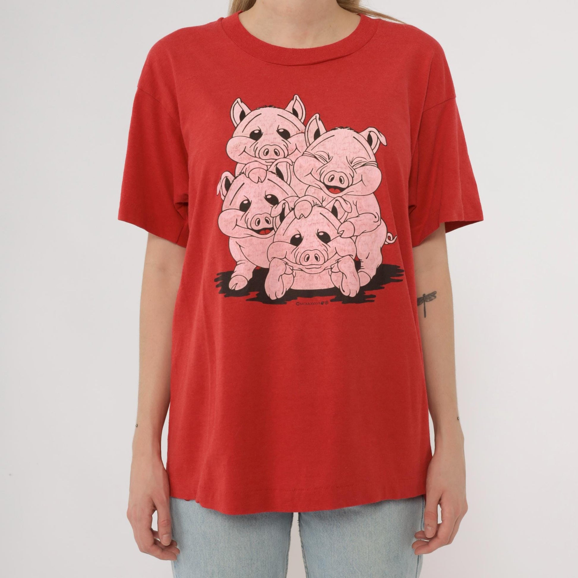 90s Screen Stars Piggies Graphic Tee Red Cartoon Pigs Cotton Large L