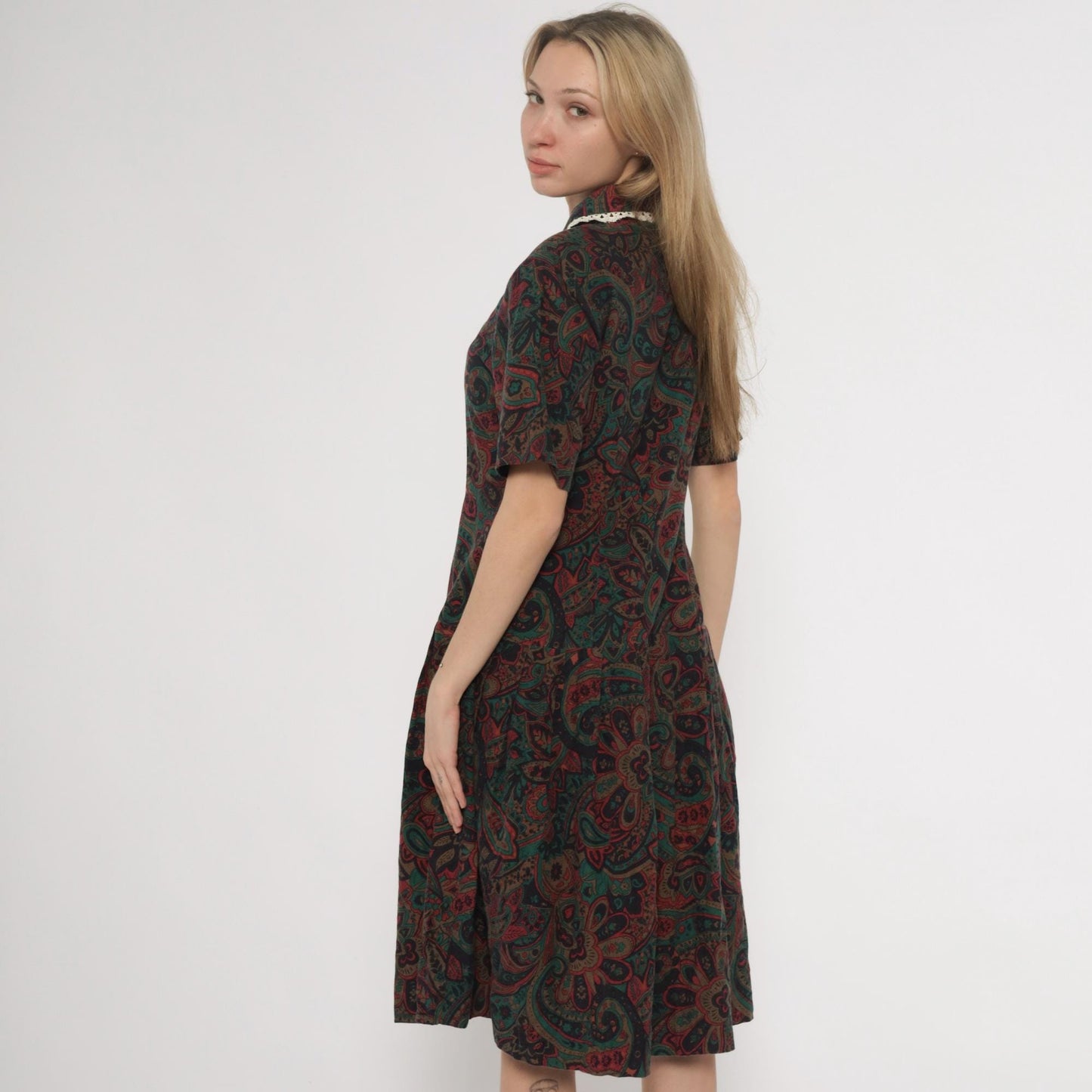 70s Paisley Dress Burgundy Green Brown Crochet Collar Knee Length Medium