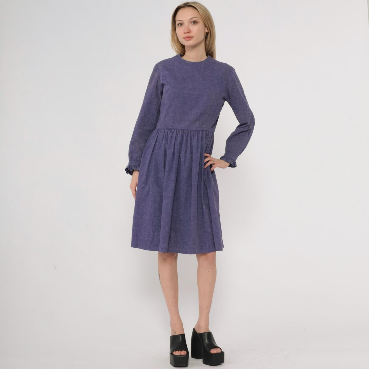 60s Purple Midi Dress Long Sleeve Gathered Waist A-Line Crew Neck Medium M